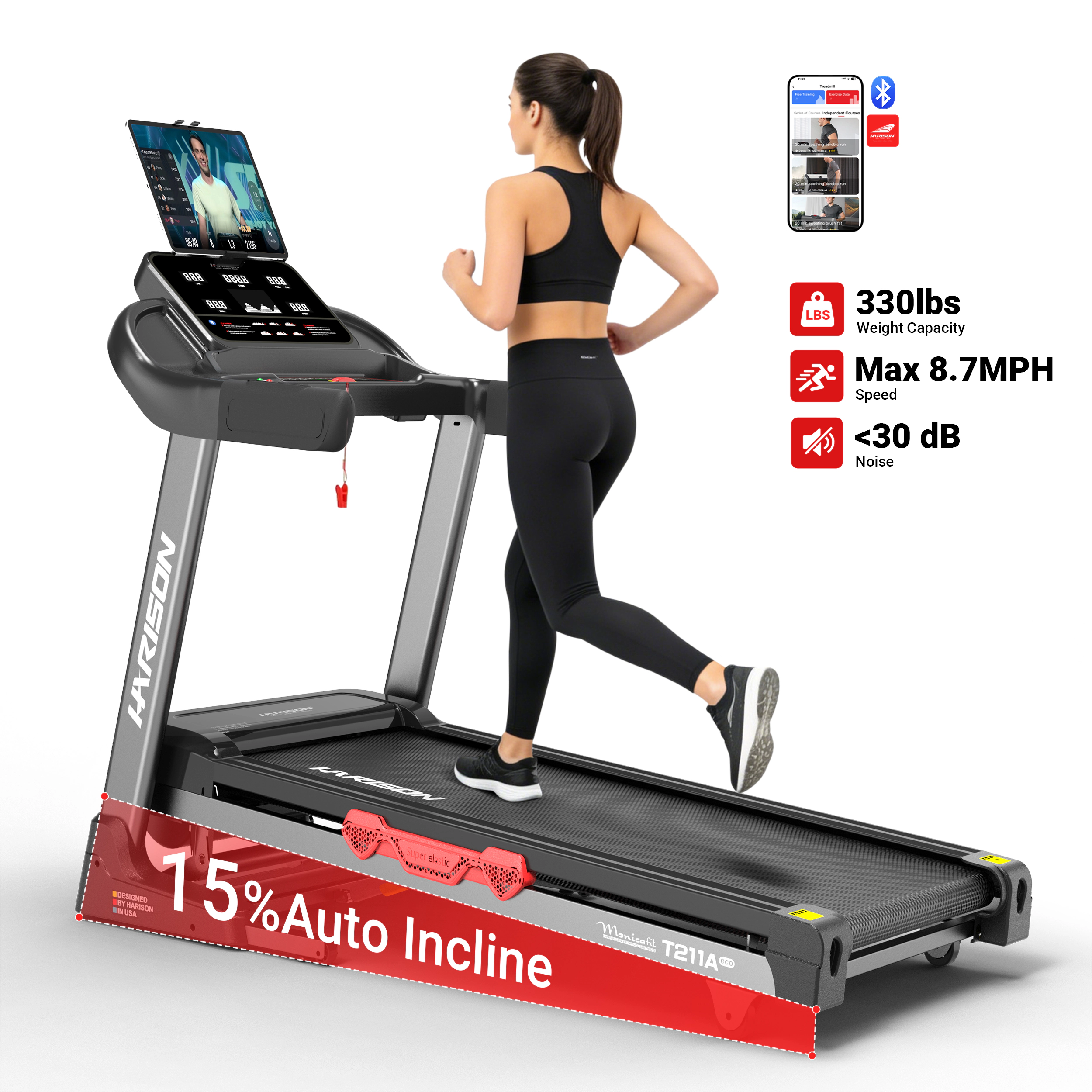 HARISON Folding Treadmill for Home, Intelligent Treadmill with 15% Auto Incline, Compact Running Machine (HR-T211A)