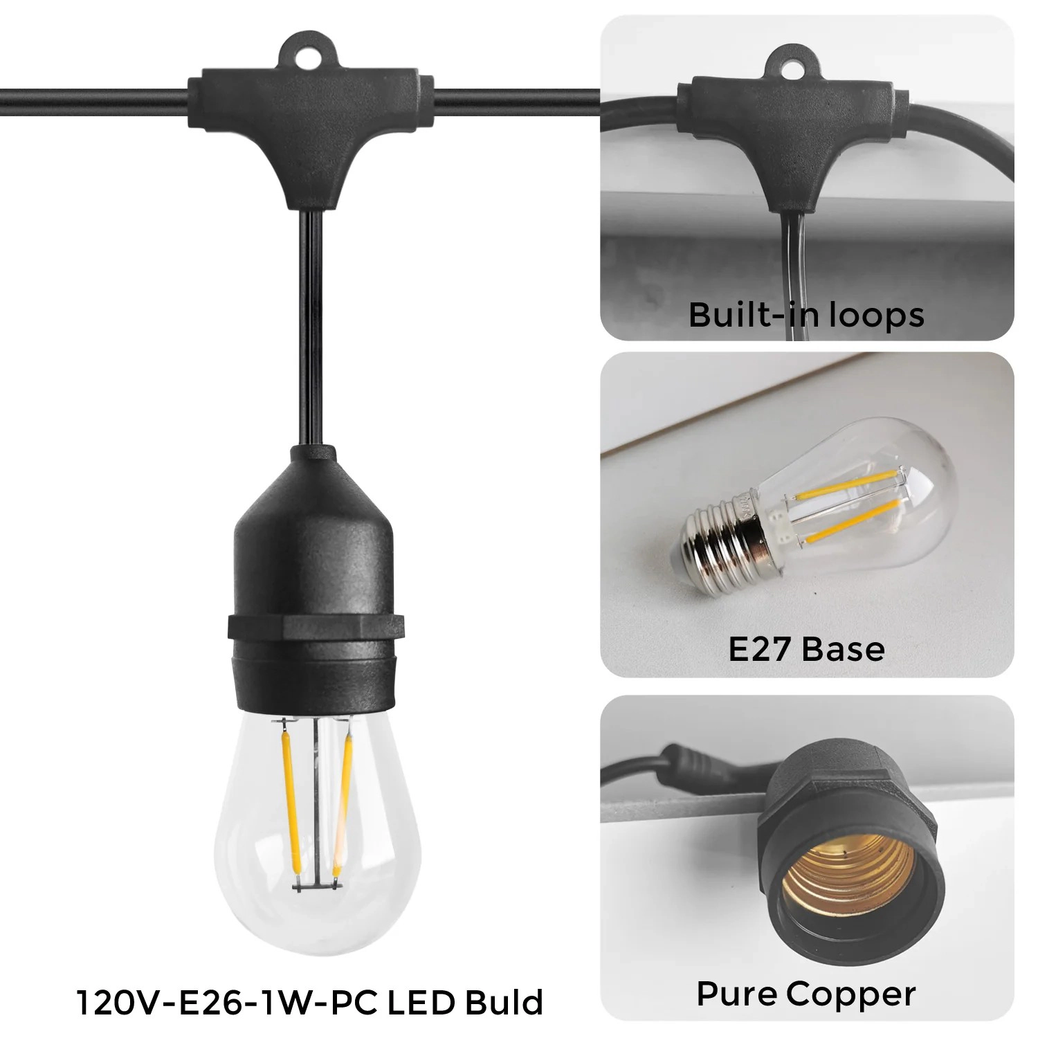 Sonicgrace 48FT Patio String Lights 15 LED Bulbs IP65 Waterproof