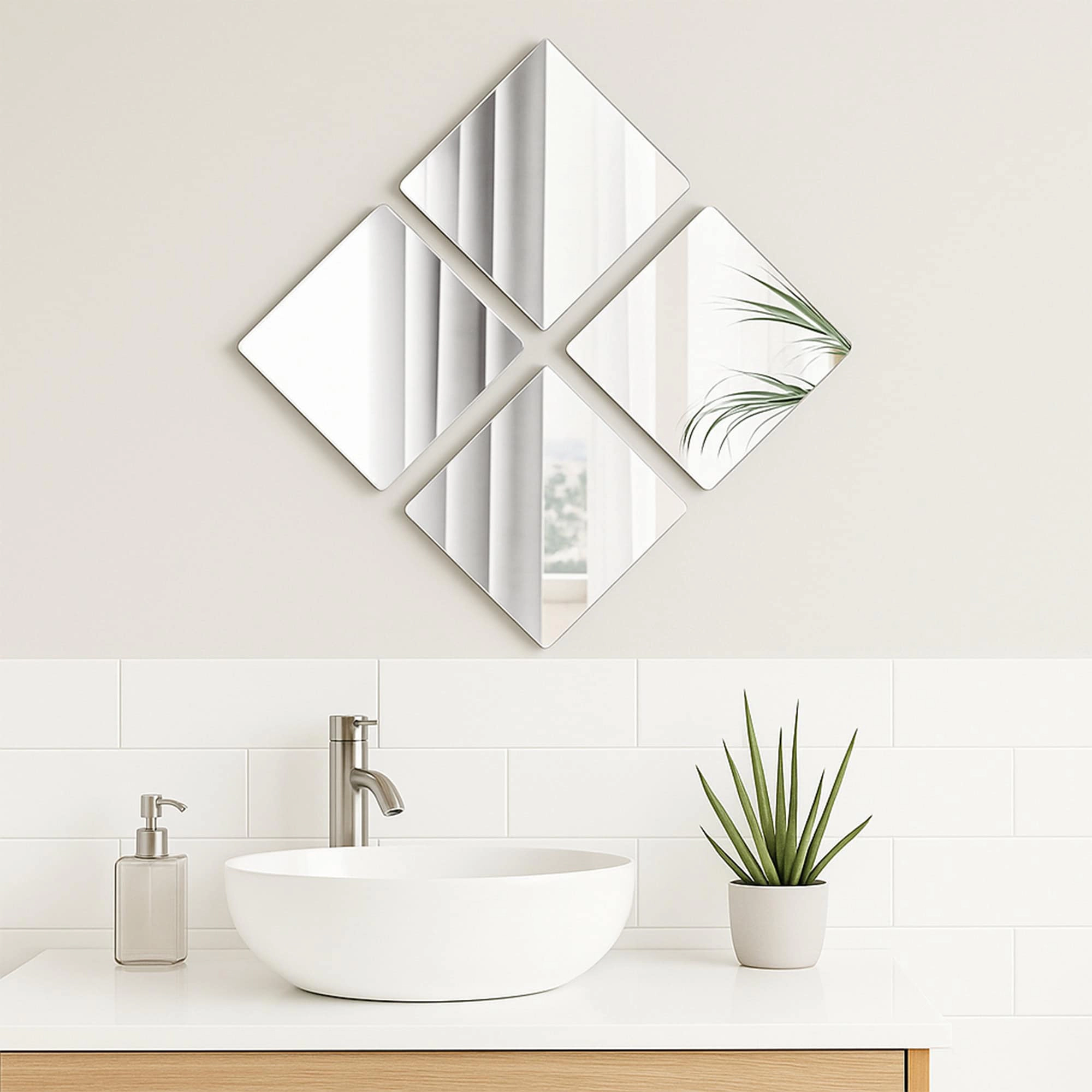 Evideco French Home Goods Set of 4 Frameless 7.12 in Square Self-Adhesive Glass Mirrors, Silver