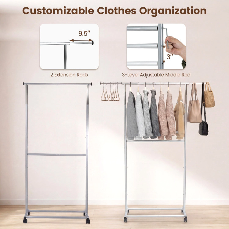 Hivvago Rolling Clothes Rack Double-Rod Extendable Garment Stand For Hanging Clothes