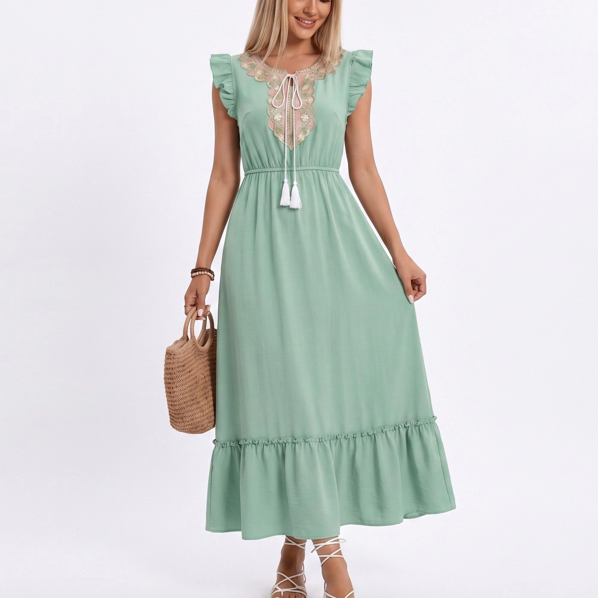 Anna-Kaci Women's Lace Trim Ruffle Sleeve Tie Neck Tiered Hem Midi Dress