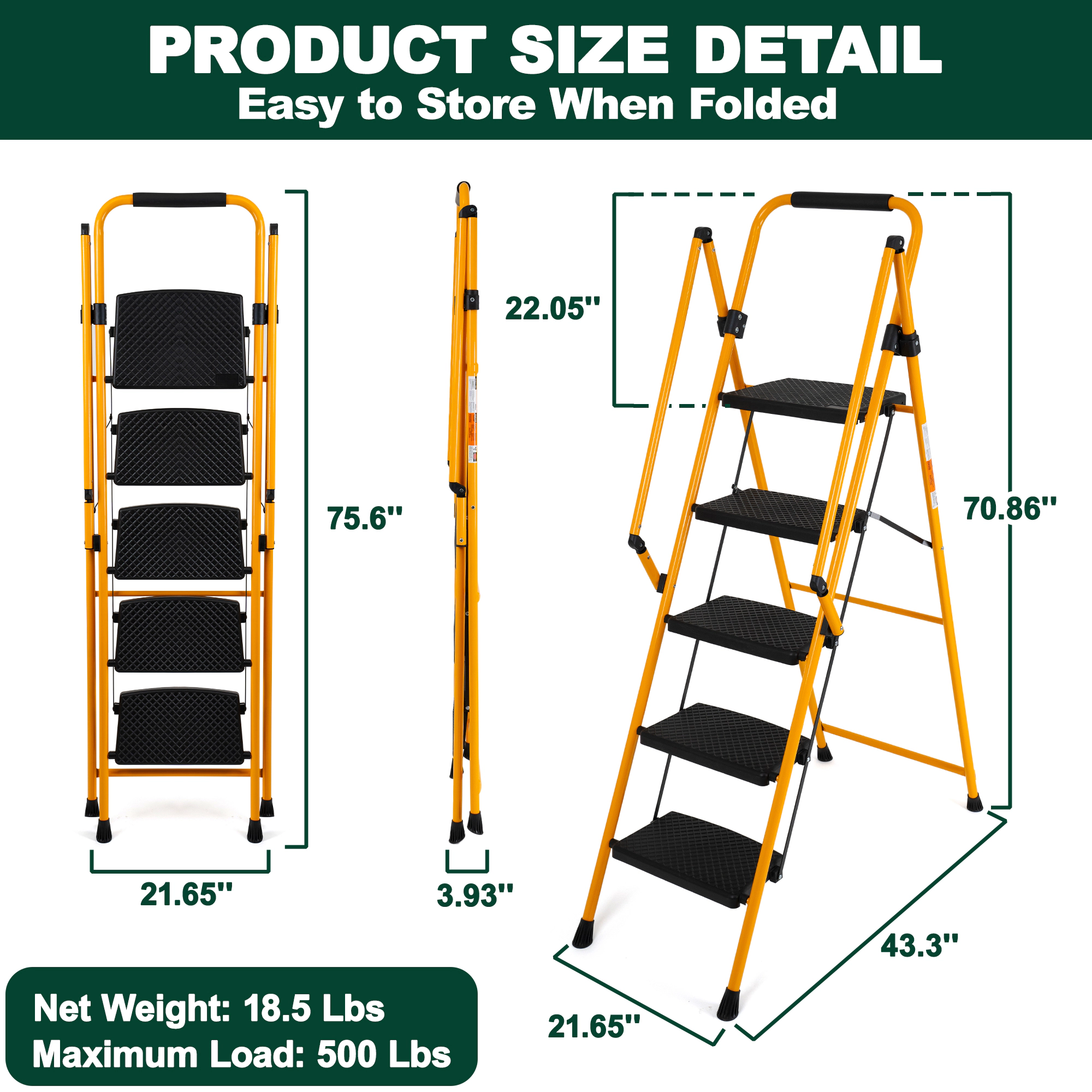 Flynama 5 Step Ladder - 500lb Capacity Steel Foldable Step Stool (Yellow)