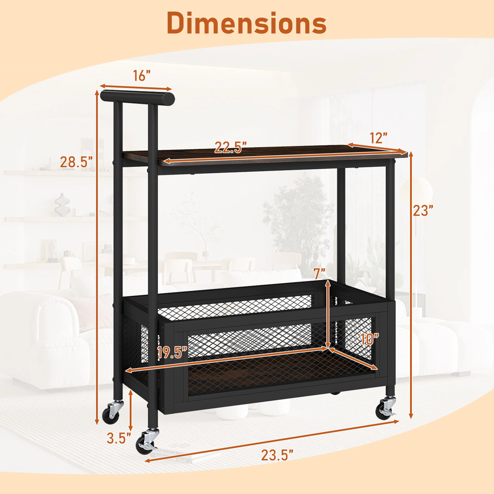 Glintex 2-Tier Rolling End Table with Push Handle and Guardrailed Bottom Shelf, Rustic Brown