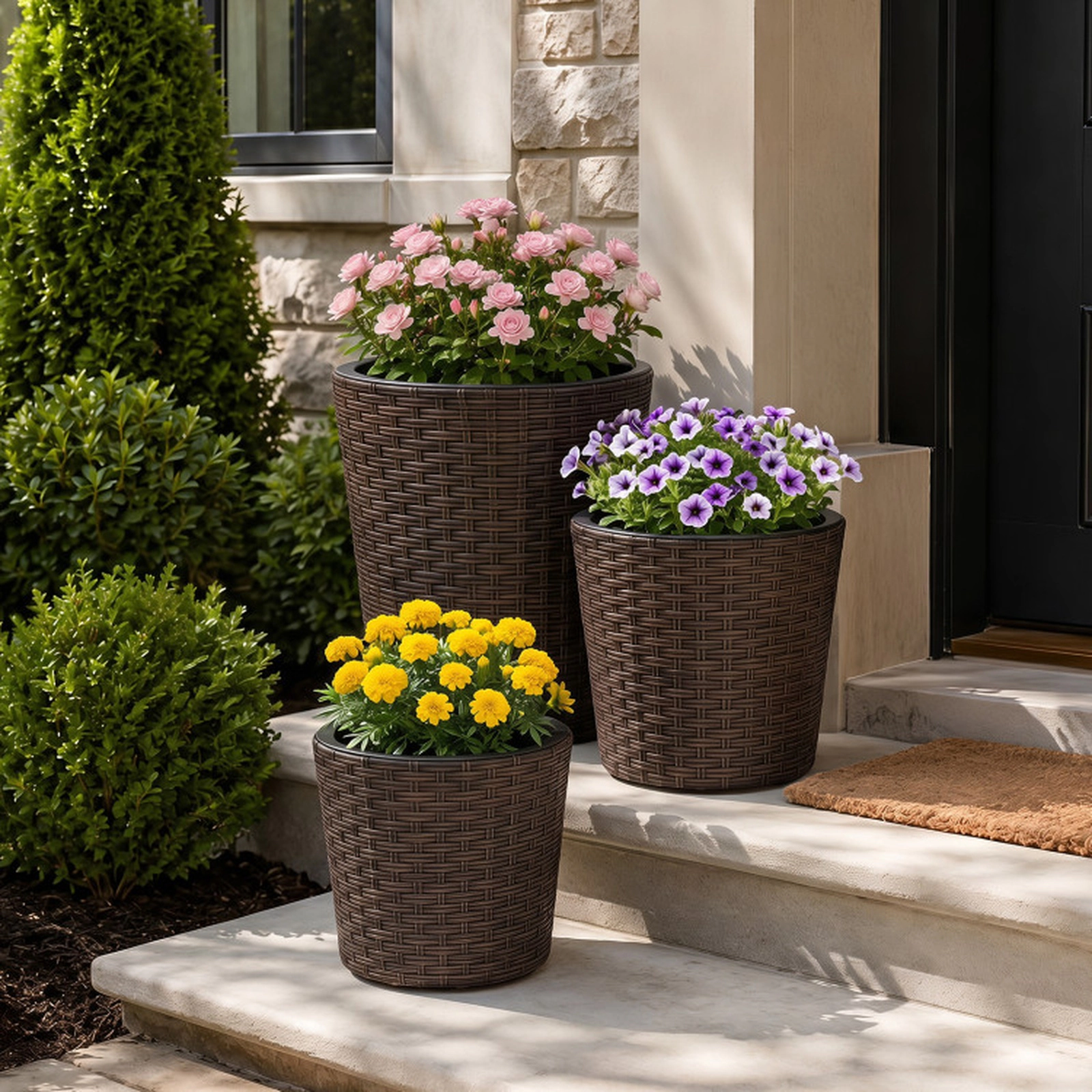 SUGIFT Set of 3 Brown Rattan Style Planters with Drainage Holes and Saucers 14-in W 14-in D 16-in H