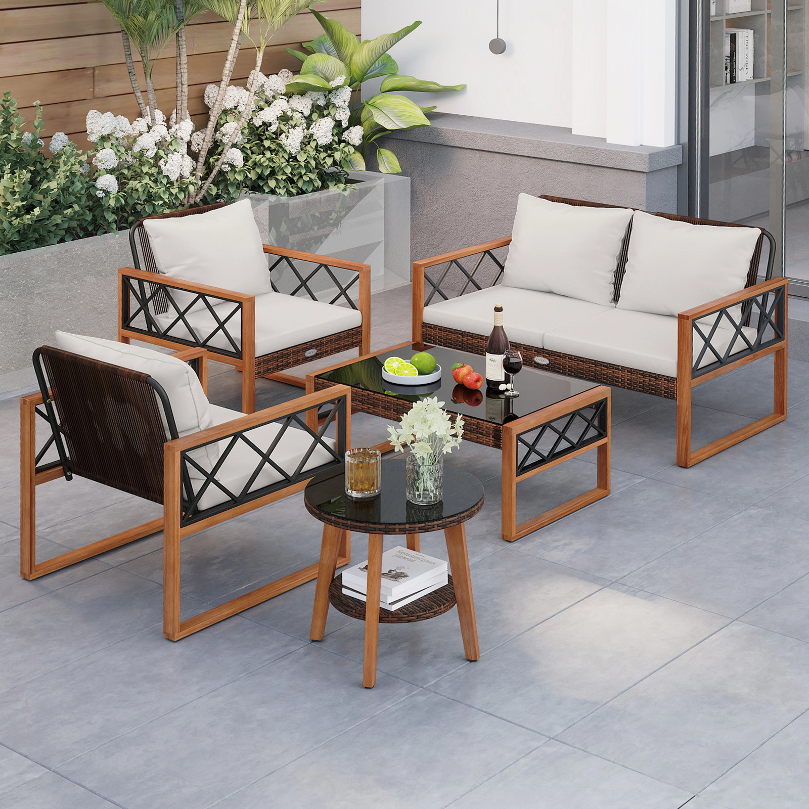 LJG 5 Pieces PE Wicker Patio Furniture Set with Acacia Wood Frame