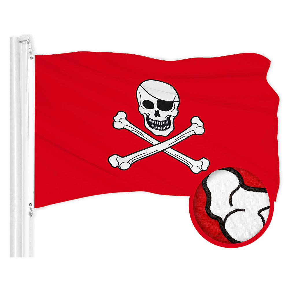 G128 Pirate Jolly Roger Bones Red Flag - 20x30 In - Embroidered 300D Polyester, Brass Grommets