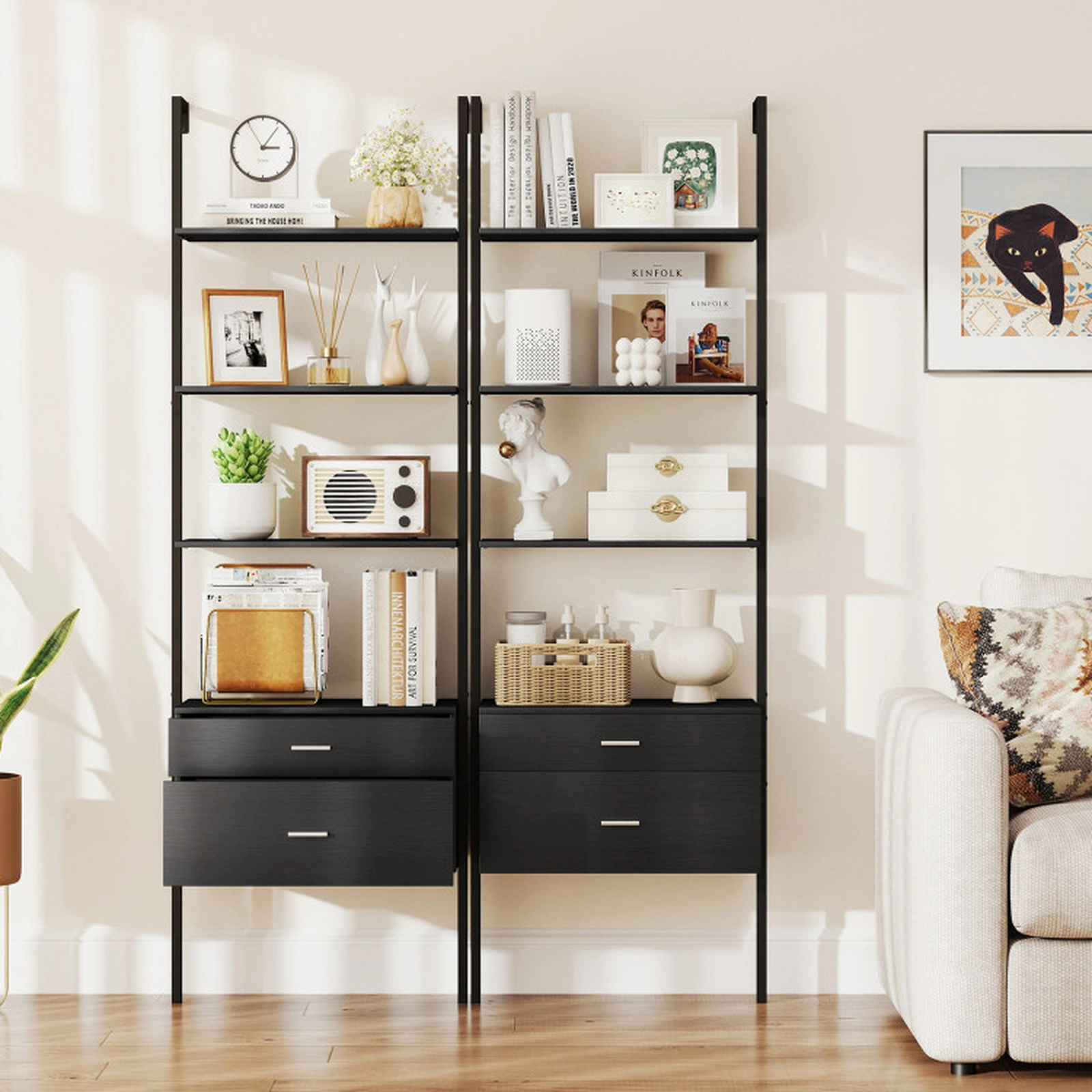 SUGIFT 6-Tier Black 72.5-in Tall Ladder Shelf Bookshelf with 2 Drawers Metal Frame and Raised Legs