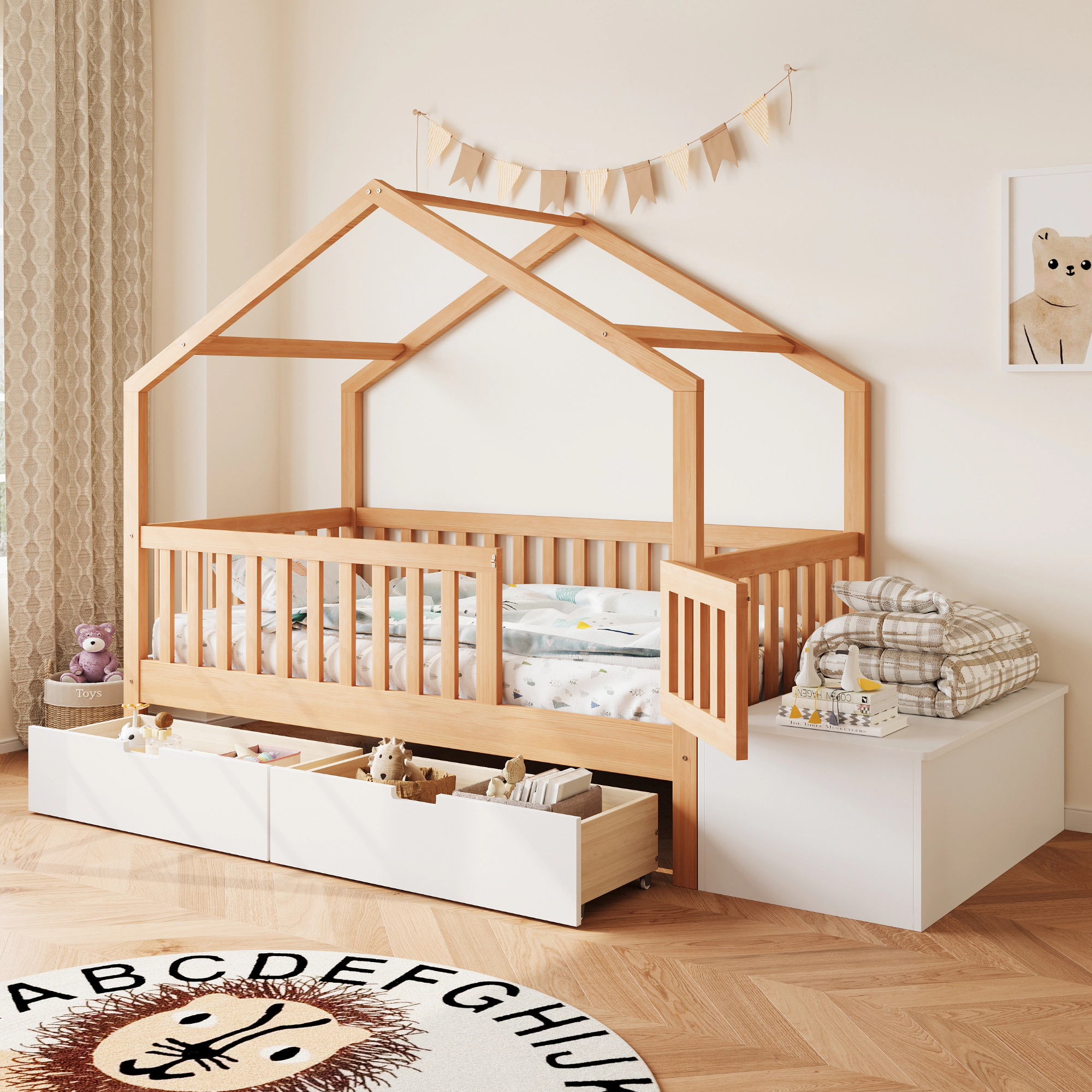 Flynama Toddler Playhouse Bed with Storage, Safety Gate & Lift-Top Chest, Natural & White