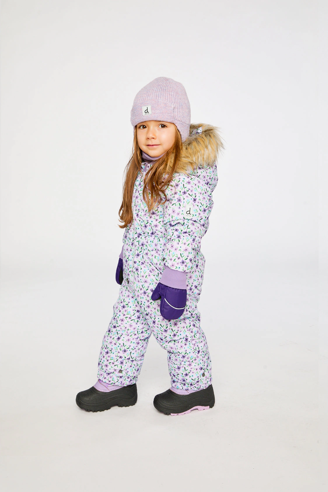 Deux par Girls Original Mini Flower Print One Piece Puffy Snowsuit with Removable Mittens and Boots