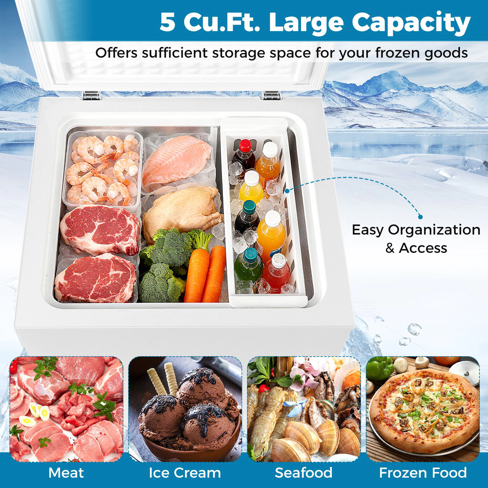SlickBlue 5 Cu Ft Chest Freezer, 141L Deep Freezer with Basket