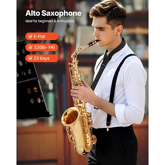HONGGE Beginner Saxophone Kit with Carrying Case, Mouthpiece, Straps, Cleaning Cloth, Gloves, Neck Strap, 23 Keys