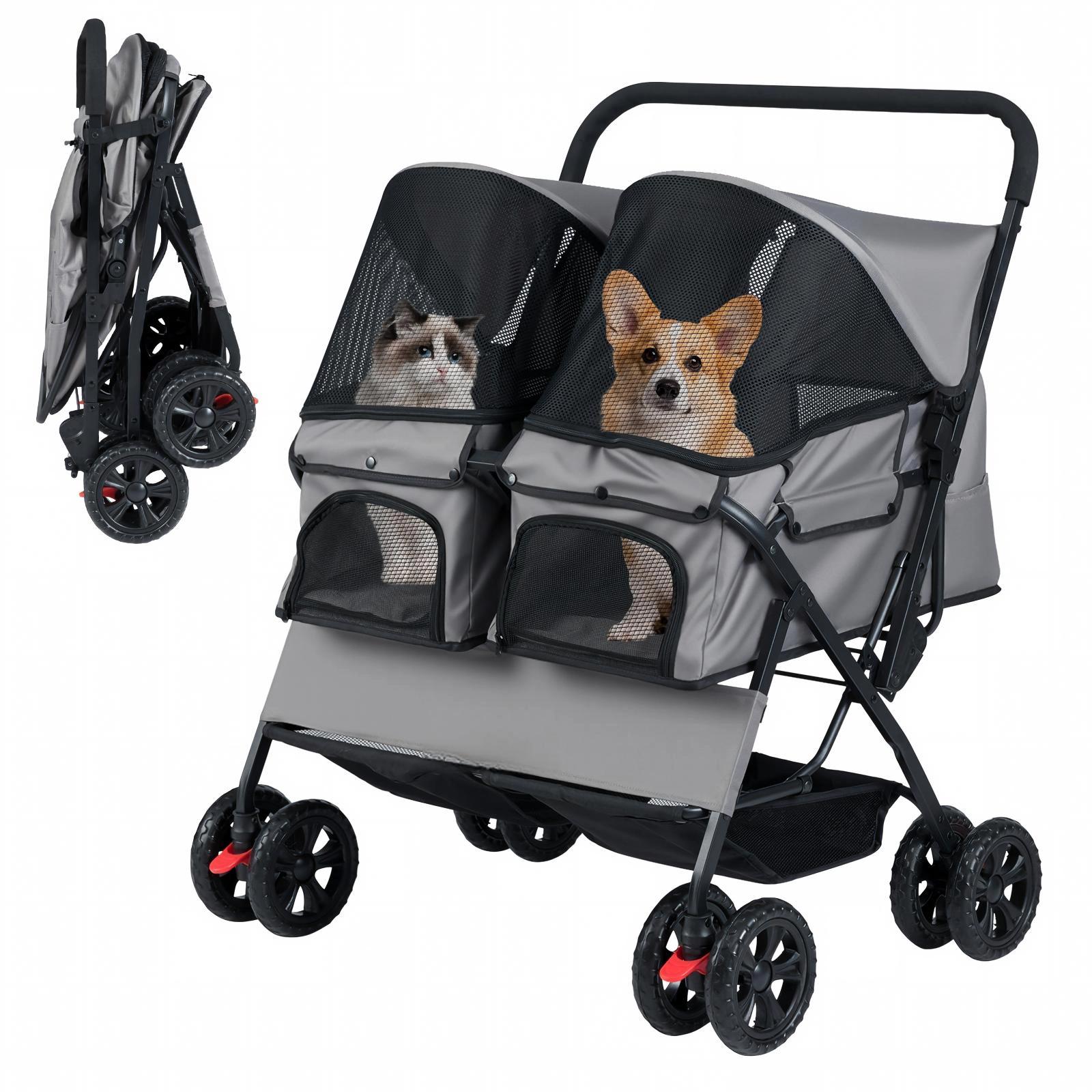 SUGIFT Gray Double Pet Stroller with Storage Basket and Pockets 31.5-in W 28.5-in D 40-in H 26-lb Seat Capacity