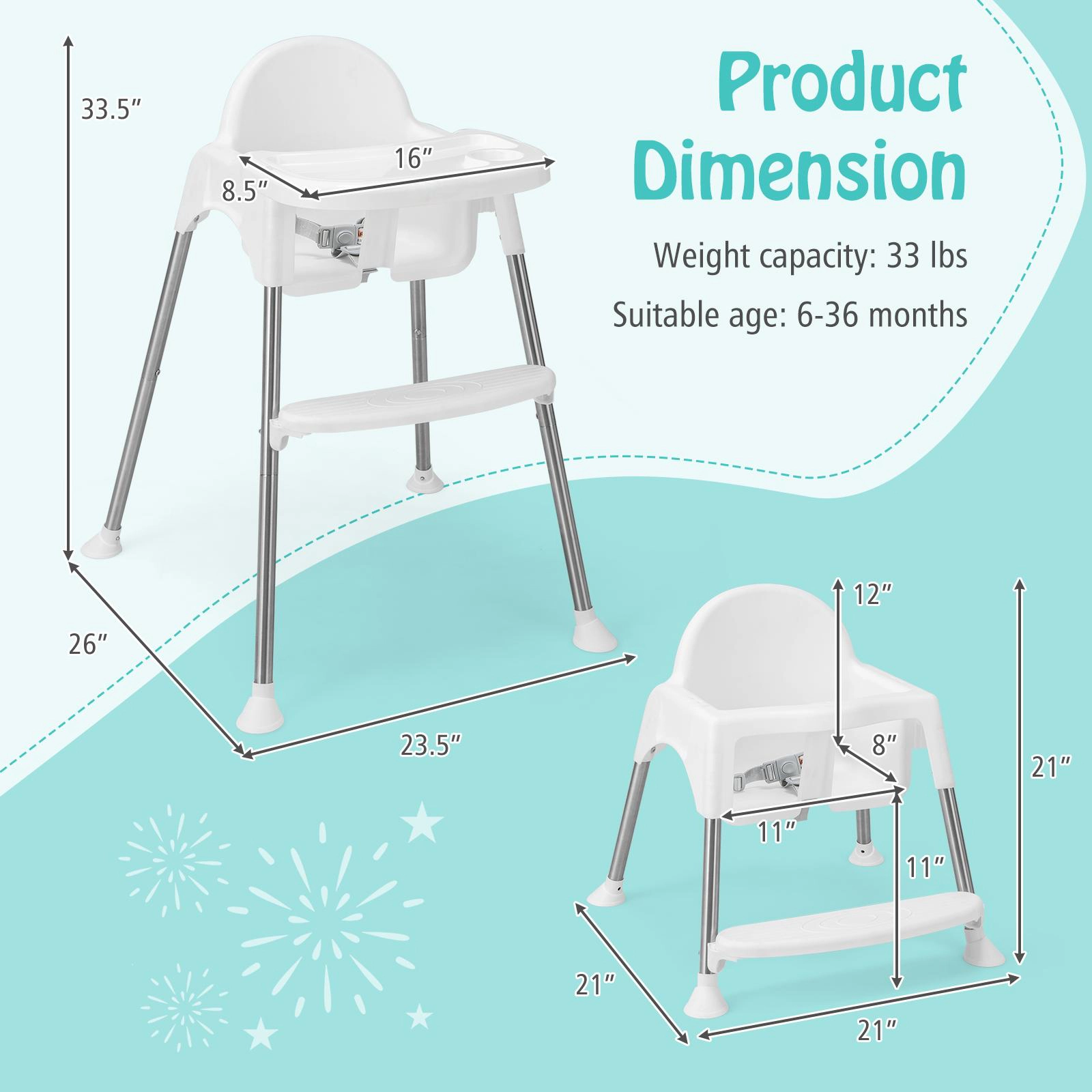 SUGIFT White Removable Double Tray and Toddler Chair 4-in-1 Convertible Baby High Chair