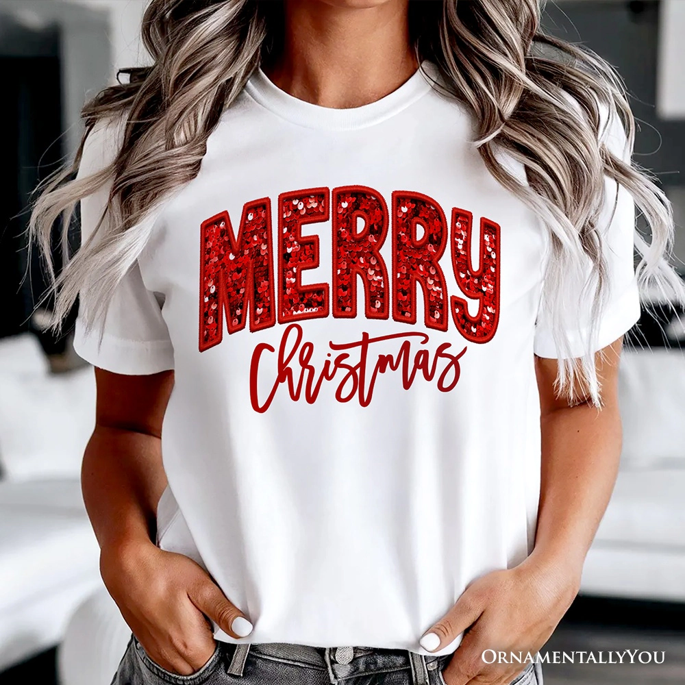 OrnamentallyYou Womens Merry Christmas Sequin Glitter-Look T-Shirt