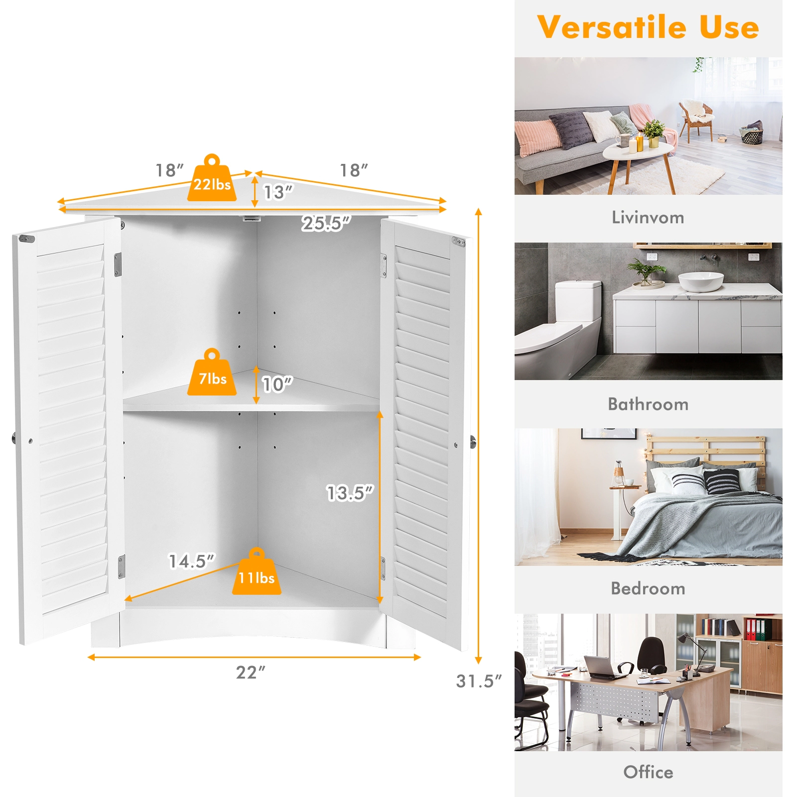 SUGIFT White 66-lb Capacity Corner Bathroom Storage Cabinet with Shutter Doors and Adjustable Shelf