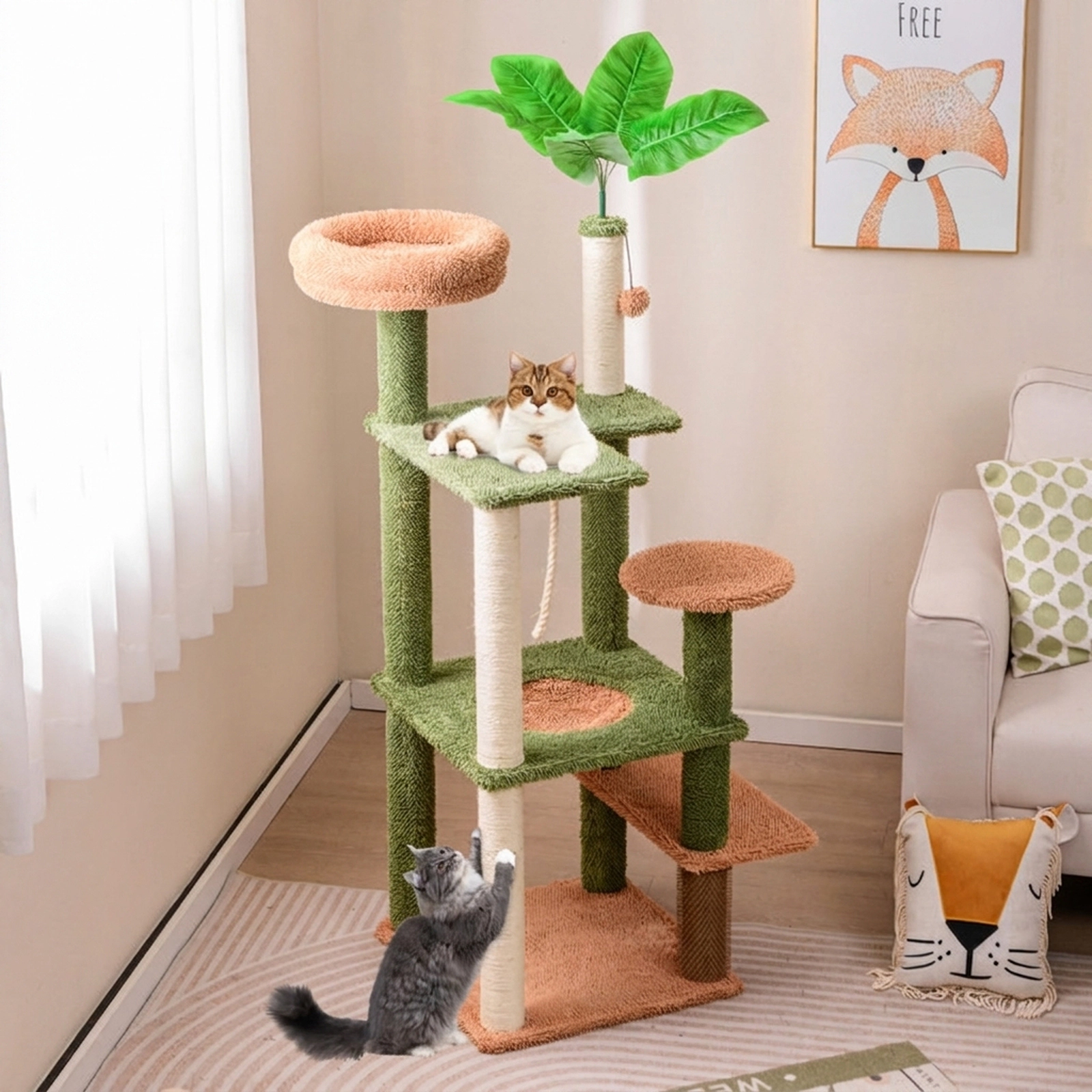 SUGIFT 60-in Green Tree-Inspired Cat Tree Tower with Plush Perch Sisal Posts and Faux Plant 19.5-in Base