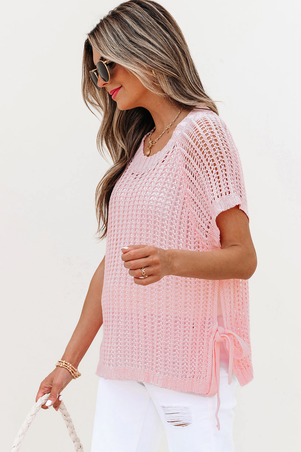 Threaded Pear Women's Lettie Hollow-out Crochet Side Tied Short Sleeve Sweater