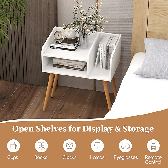 Glintex Mid-Century Nightstand with Divided Open Shelves and 14.5-Inch Leg Clearance