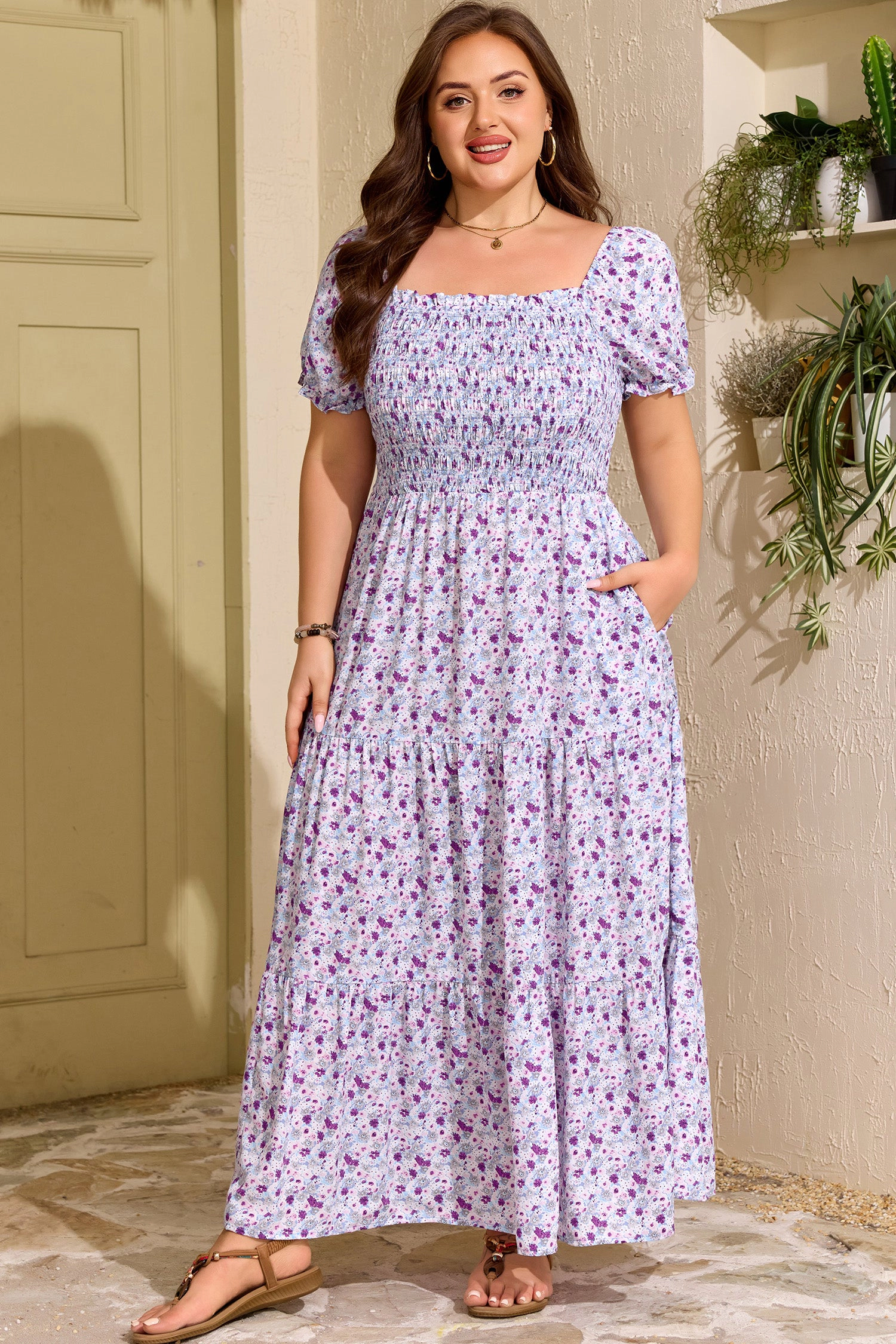 Threaded Pear Kelsey Square Smocked Maxi PLUS Dress