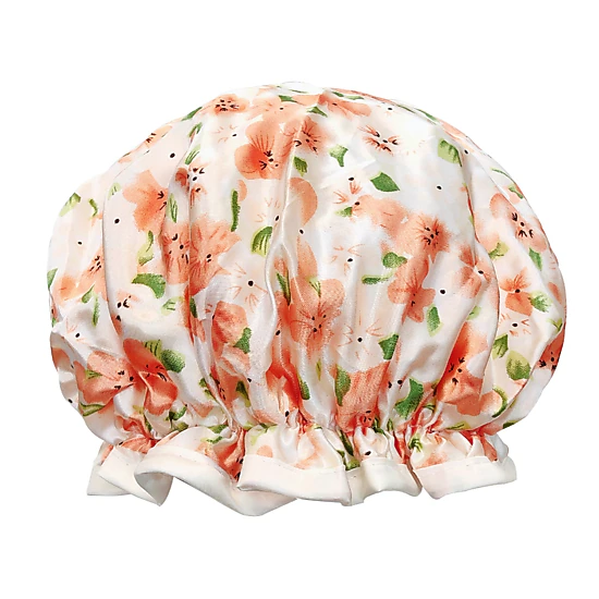 Wrapables Reusable Women's Waterproof Shower Caps for Long Hair, Peach Floral