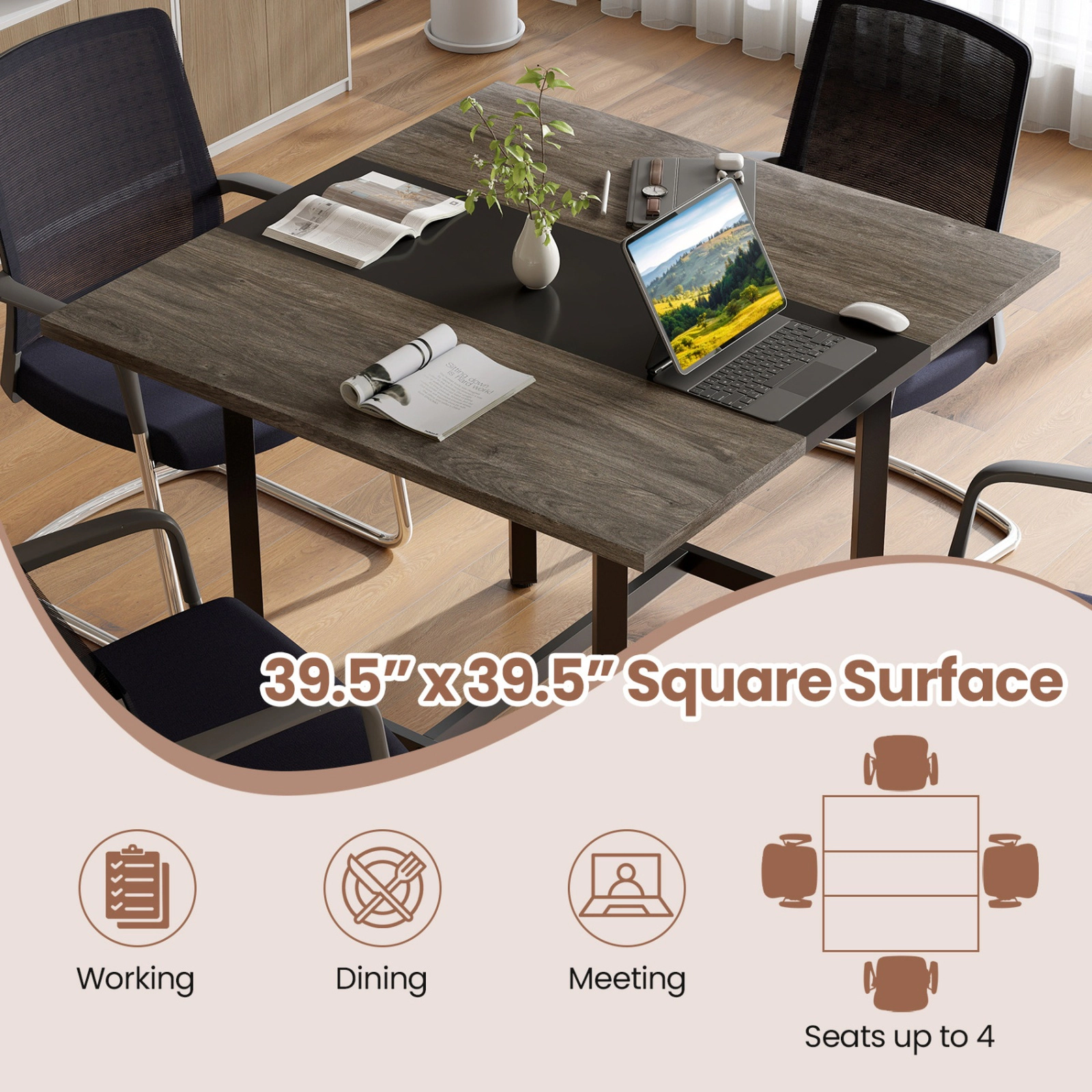 SUGIFT 39.5-in Rustic Brown 200-lb Capacity Square Conference Meeting Room Table with Thickened Top