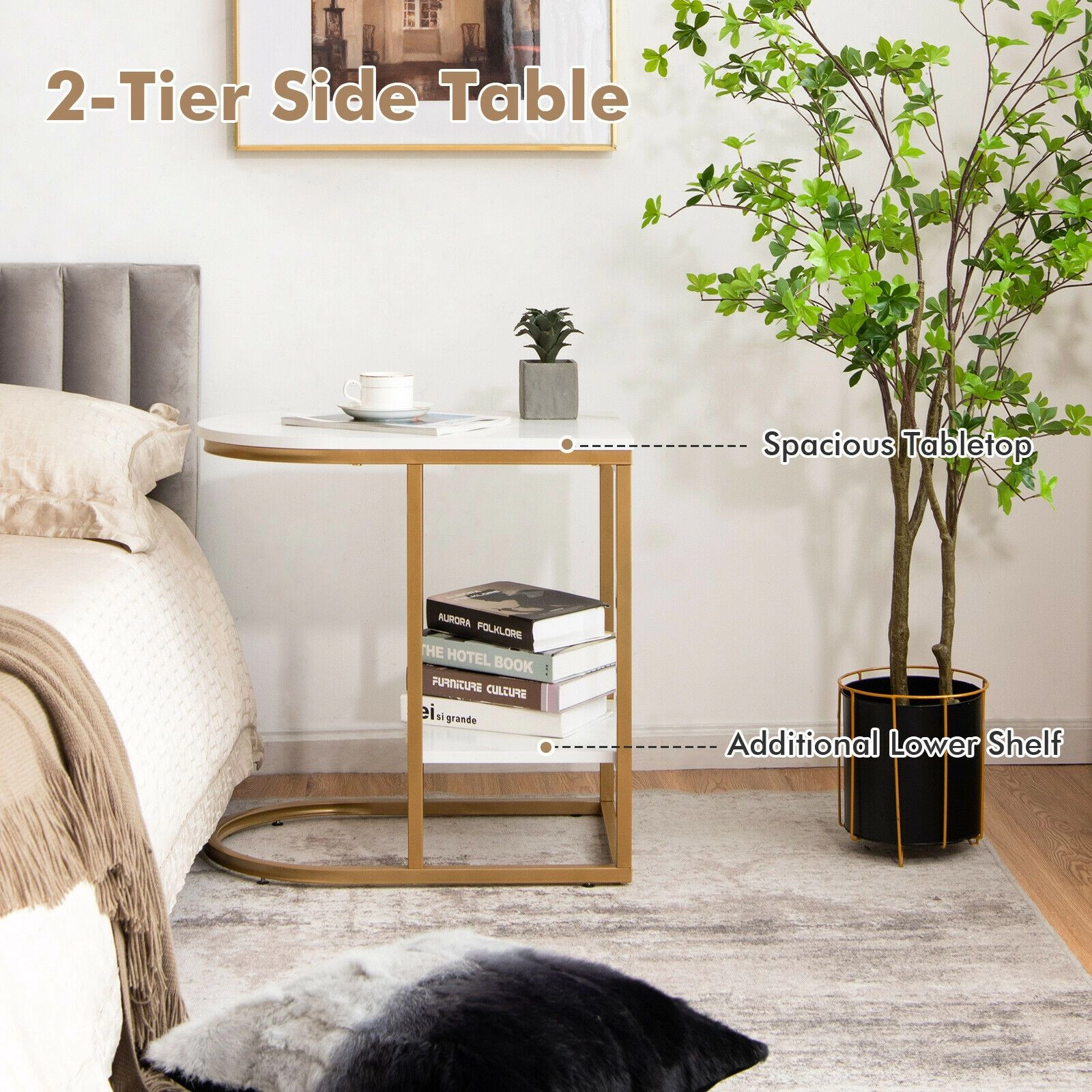 SlickBlue C Shape Side Table with Marble Top and Storage Shelf