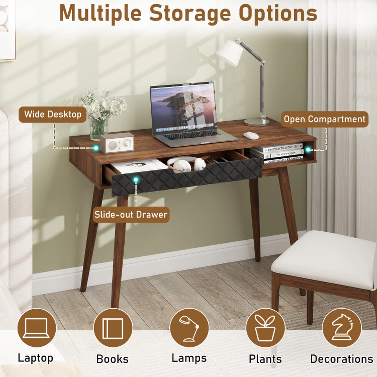 SUGIFT Mid-Century Modern Computer Desk with Drawer and Open Compartment 110-lb Desktop Capacity Brown & Black