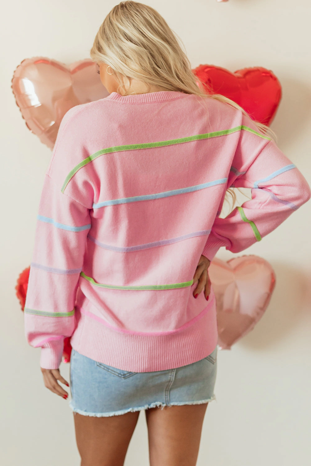 Sol Living Womens Rainbow Stripes Drop Shoulder Baggy Henley Sweater
