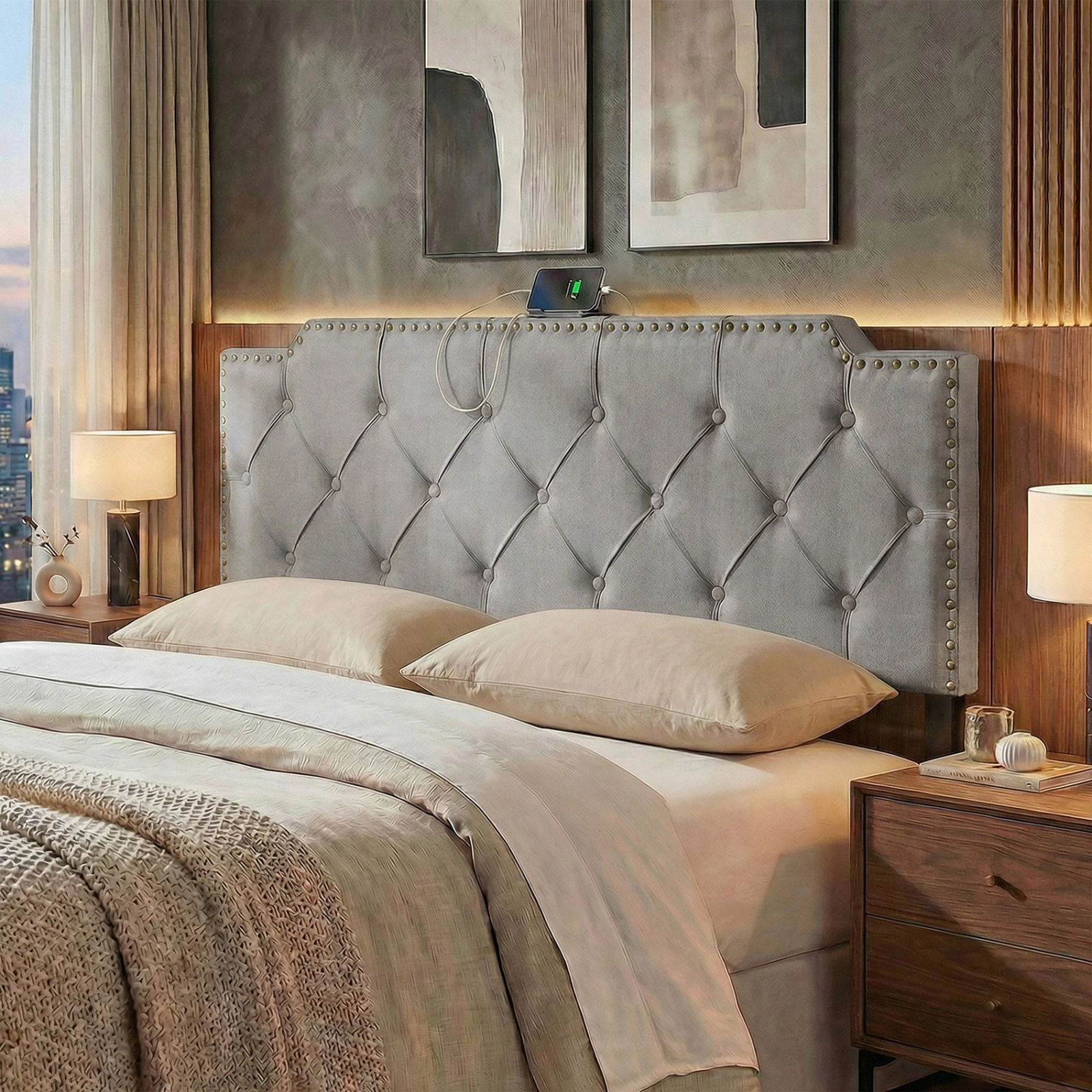 SUGIFT Gray Rivet-Tufted Headboard with Charging Station, Full/Queen