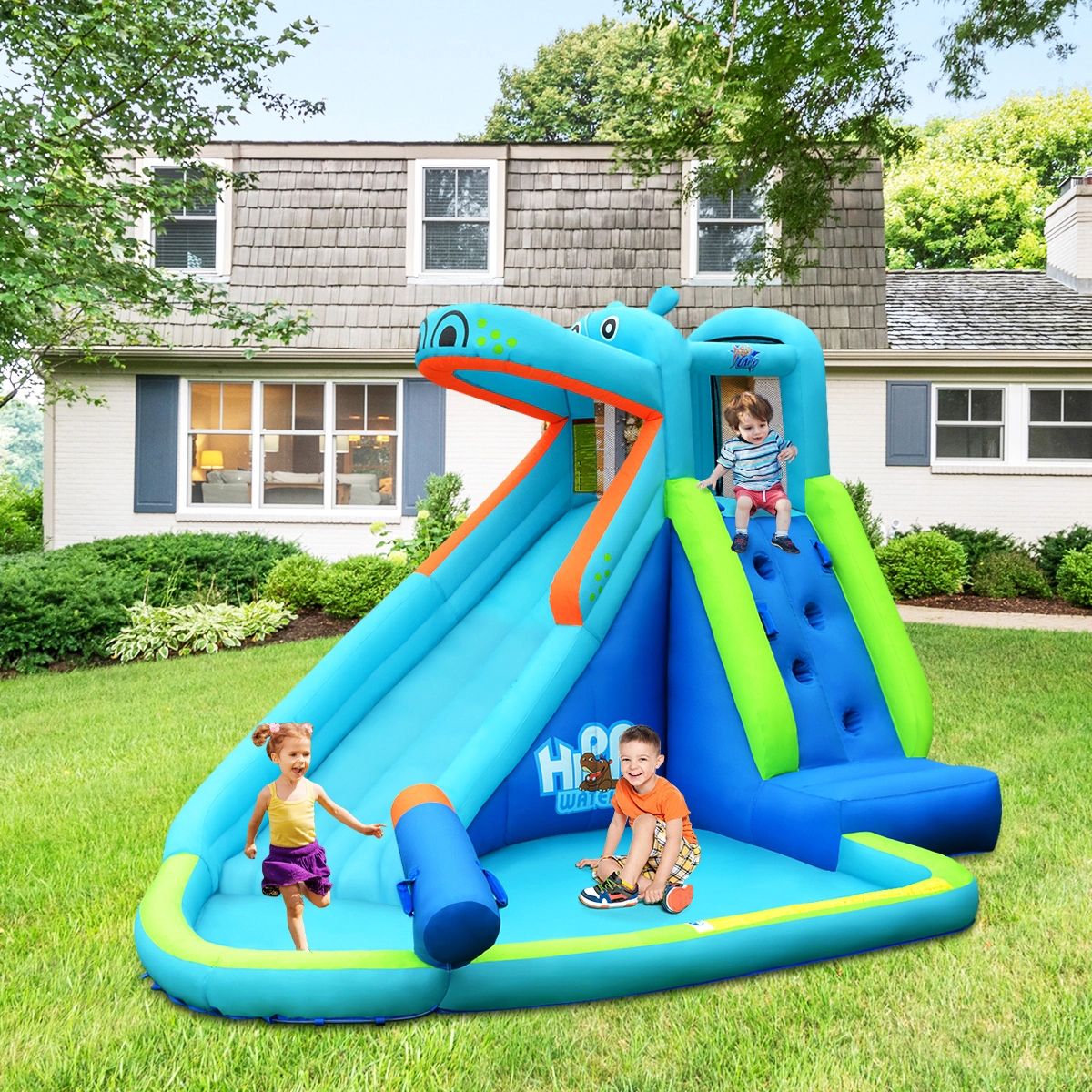 LJG Kids Hippo Inflatable Water Slide Bounce House with 740W Blower