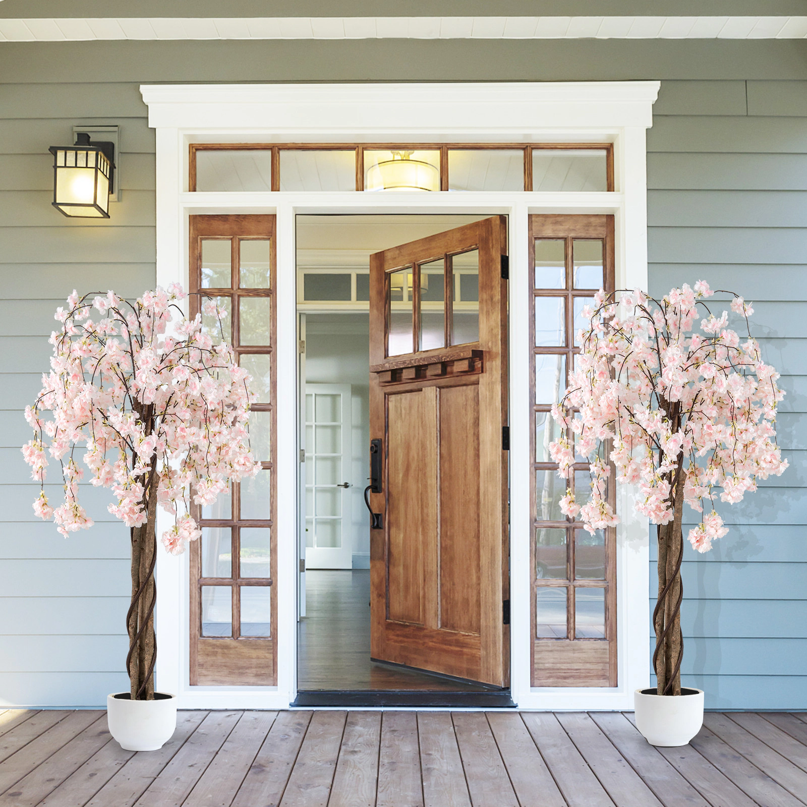 SUGIFT 5.5-ft Tall Artificial Cherry Blossom Tree 2-Pack with Pink/White Flowers and Real Wood Trunks in Pots White