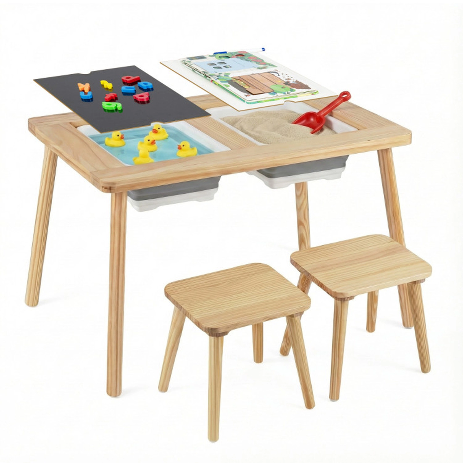 SUGIFT Wooden Kids Activity Table and Stool Set with Chalkboard, Whiteboard and 2 Foldable Storage Bins 200-lb Tabletop