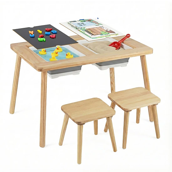 SUGIFT Wooden Kids Activity Table and Stool Set with Chalkboard, Whiteboard and 2 Foldable Storage Bins 200-lb Tabletop