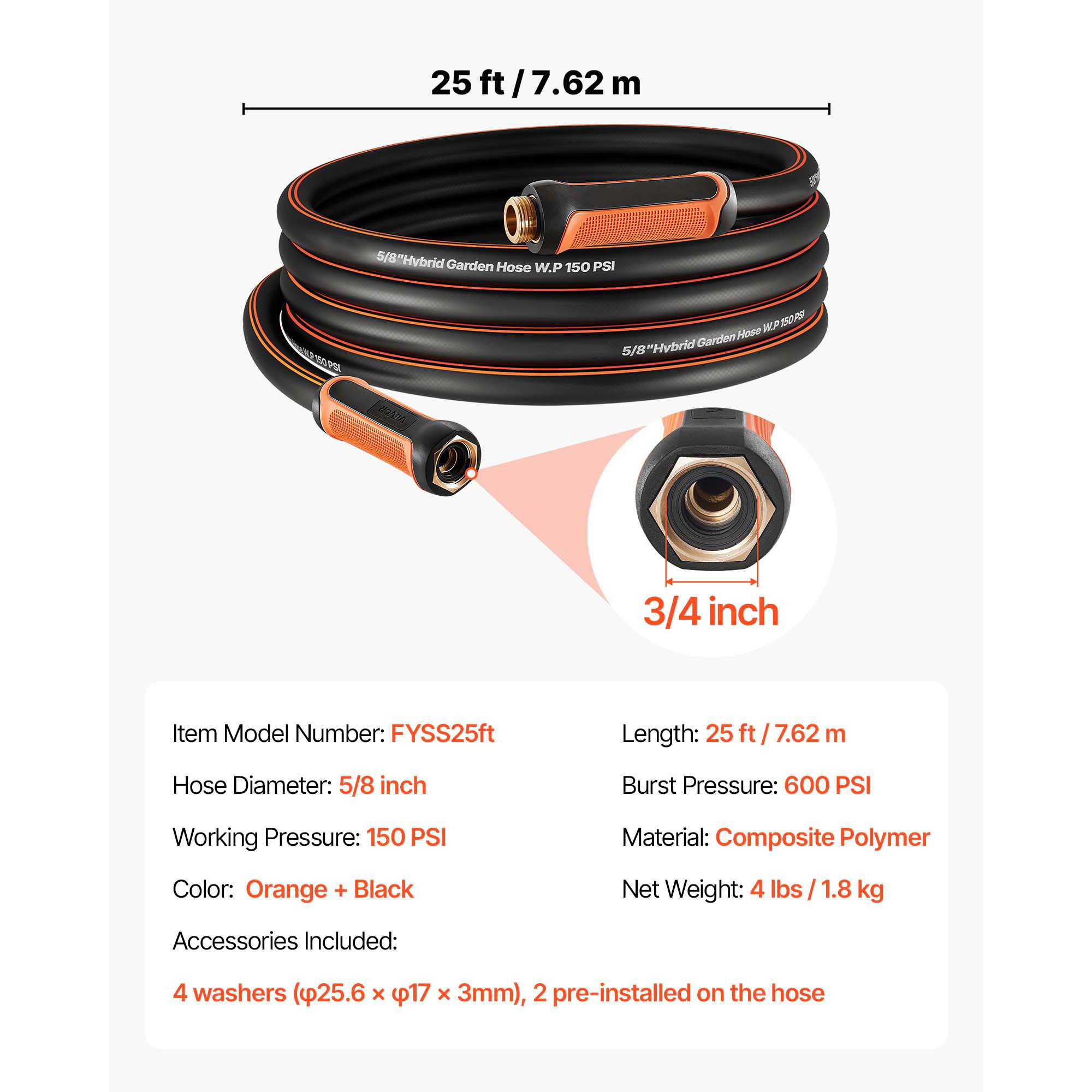 HONGGE Garden Hose 5/8" Heavy Duty 4-Layer Rubber Water Hose 150PSI Working & 600PSI Burst Flexible & Non-kink Outdoor