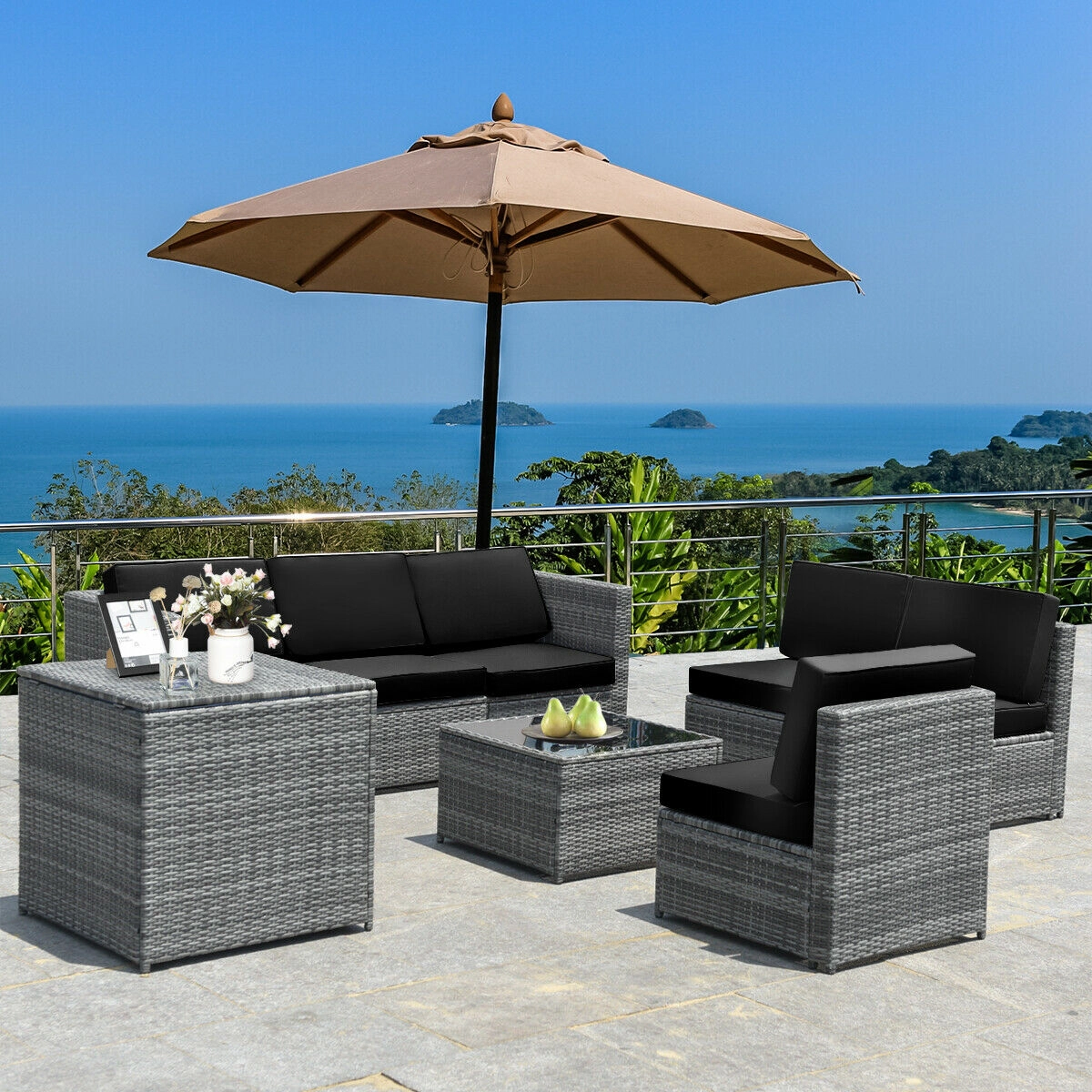 LJG 8 Piece Wicker Sofa Rattan Dining Set Patio Furniture with Storage Table