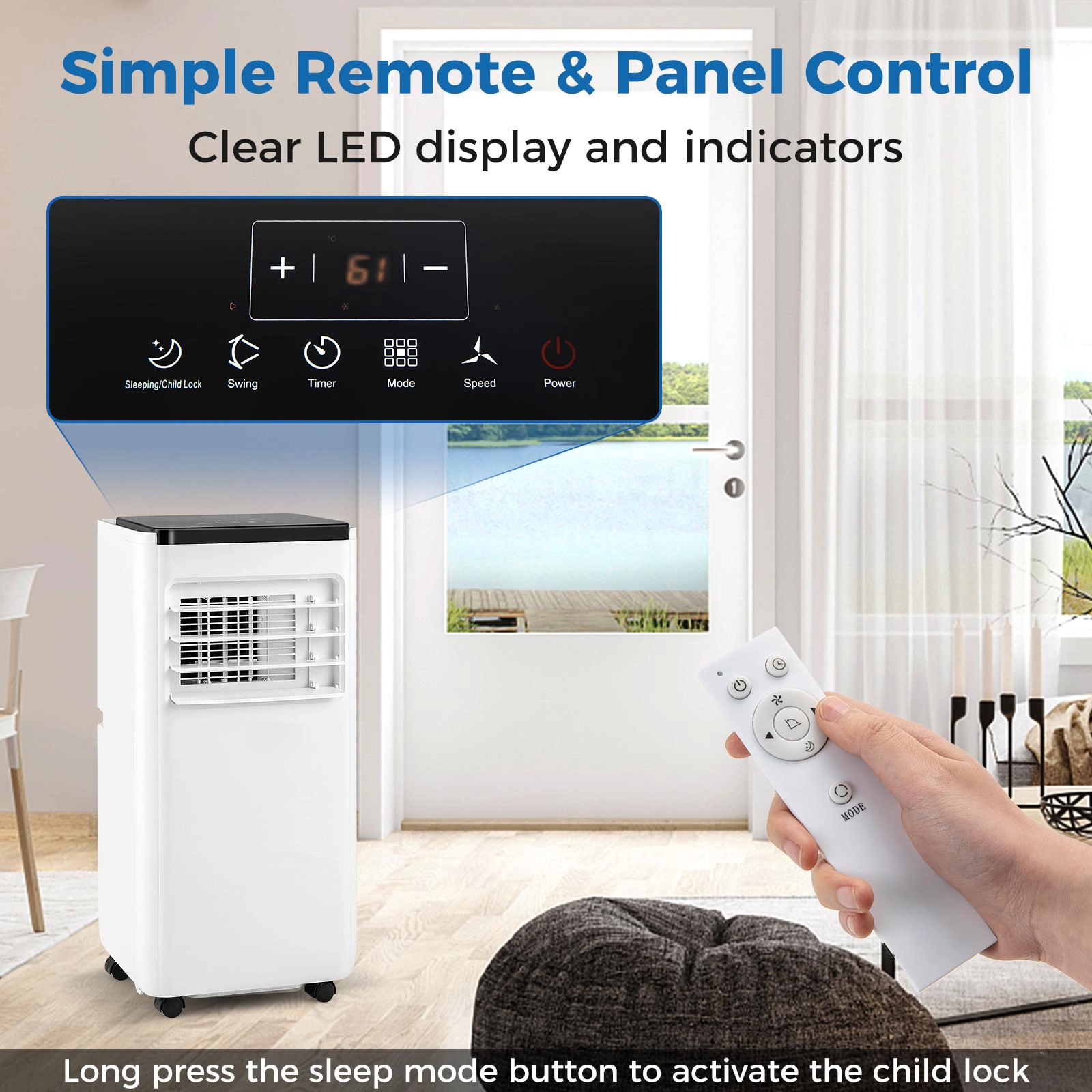 SUGIFT 10000-BTU 350-sq ft Portable Air Conditioner with Dehumidifier Fan Mode Child Lock and 24-Hour Timer