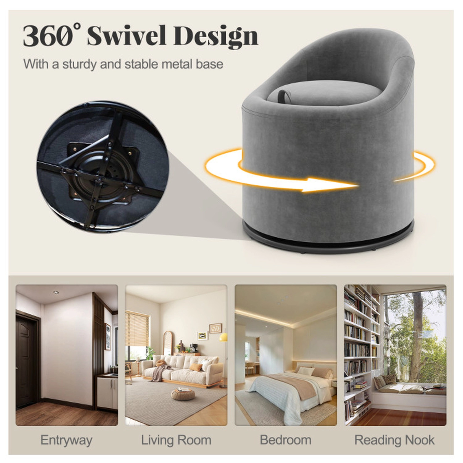 SUGIFT Gray Hidden Under-Seat Storage and 360-Degree Swivel Base Velvet Barrel Chair