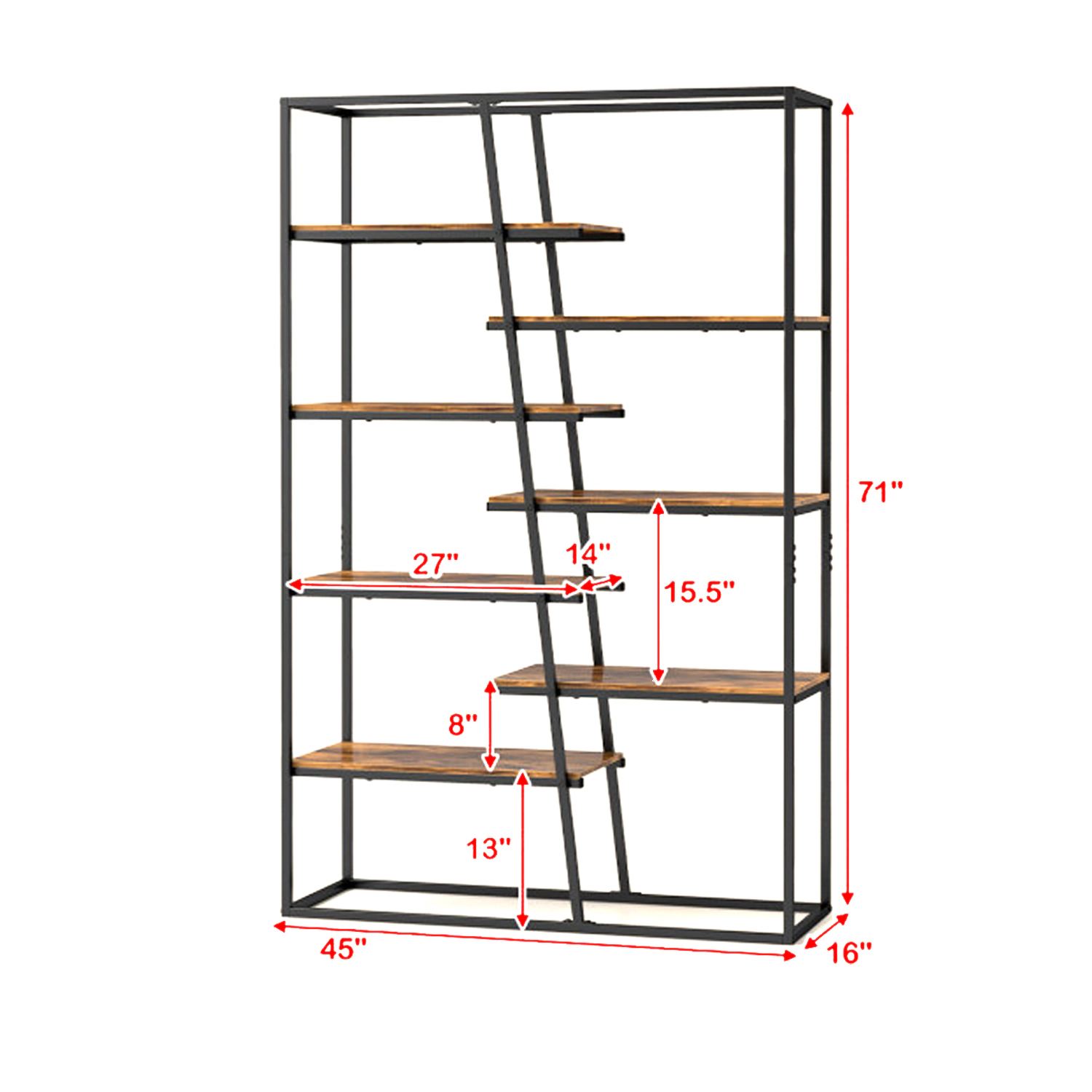 Hivvago Industrial Open Shelf Bookcase with 7-Tier Metal Storage Frame