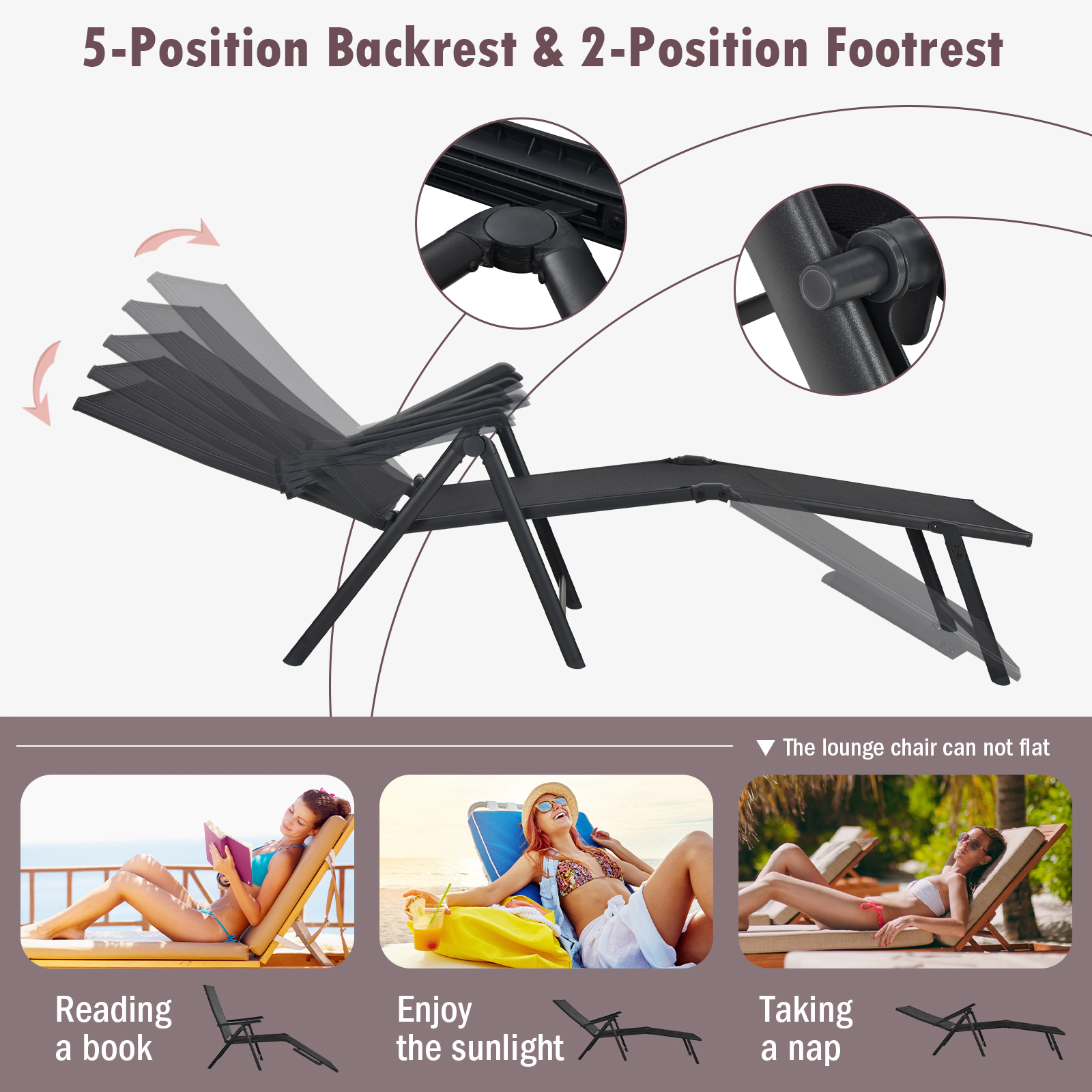 SUGIFT Armrests 5-Position Back and Footrest 330-lb Black Foldable Patio Chaise Lounge Chair