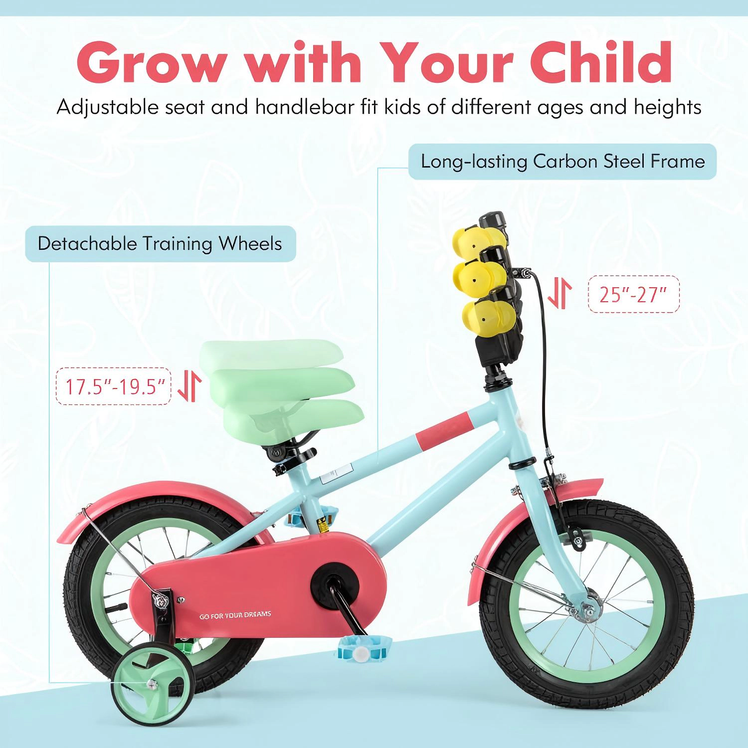 SUGIFT Adjustable Handlebar Kids Bicycle with Saddle 145-lb Seat Capacity Ages 3-4 Years 35.5-in Long Blue 12-In Wheel