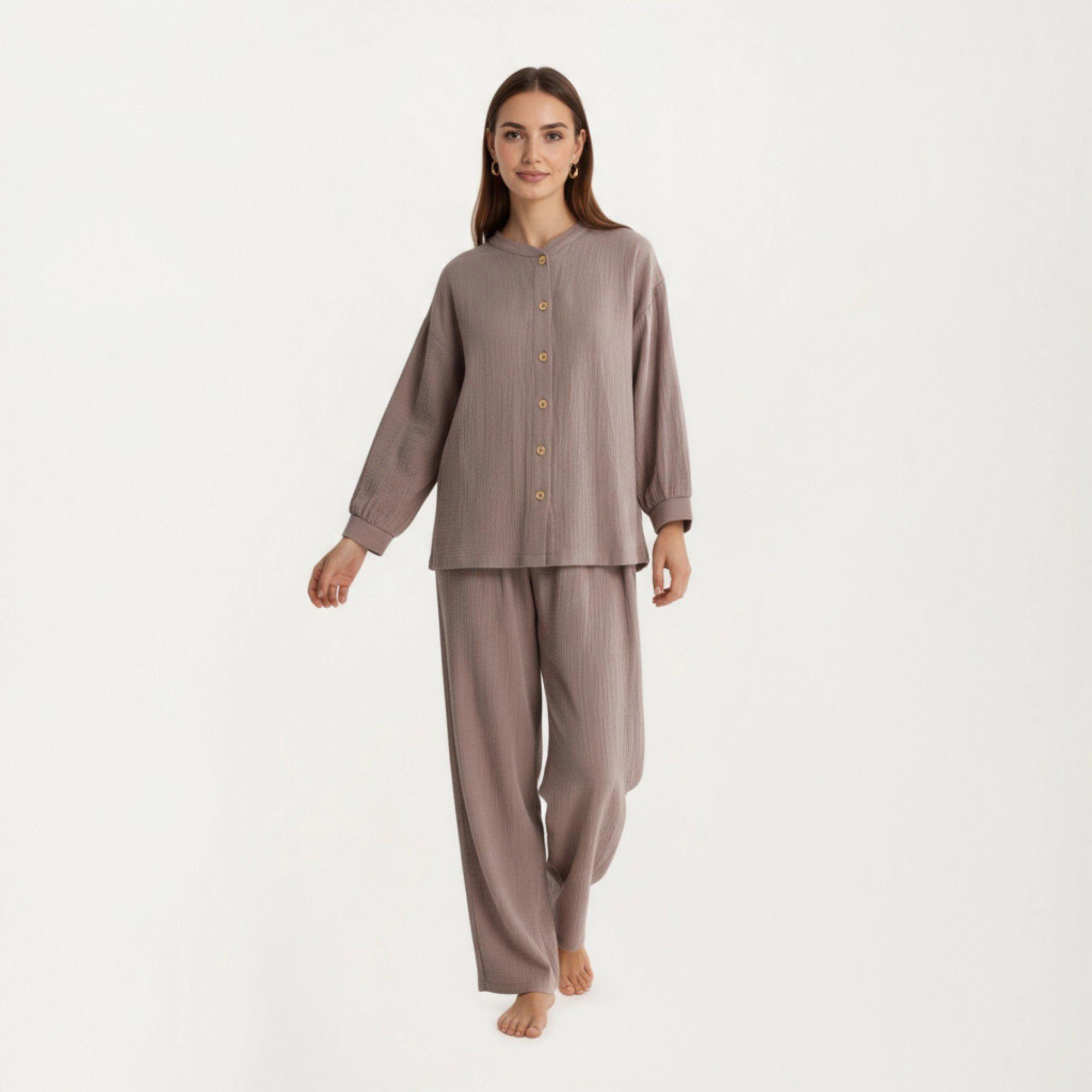 Anna-Kaci Women's 2-Piece Textured Button Front Long Sleeve Top and Relaxed Fit Pants