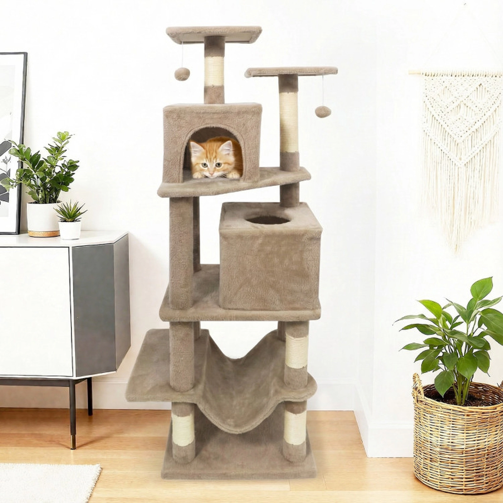 SUGIFT 57 Cat Tree with Dual Condos Hammock and 2 Dangling Balls