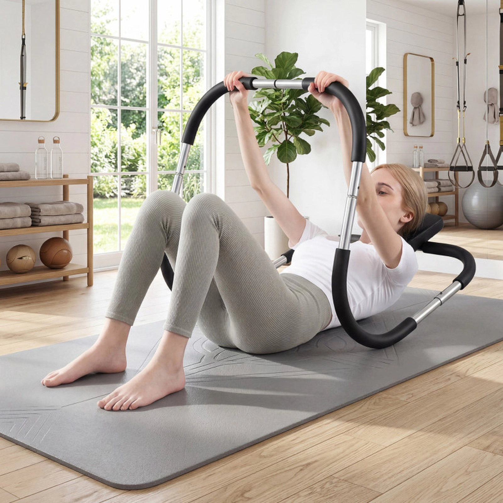 SUGIFT Silver 220-lb Capacity Portable Steel Ab Trainer with Padded Headrest Foam Handrails and U-Shaped Base