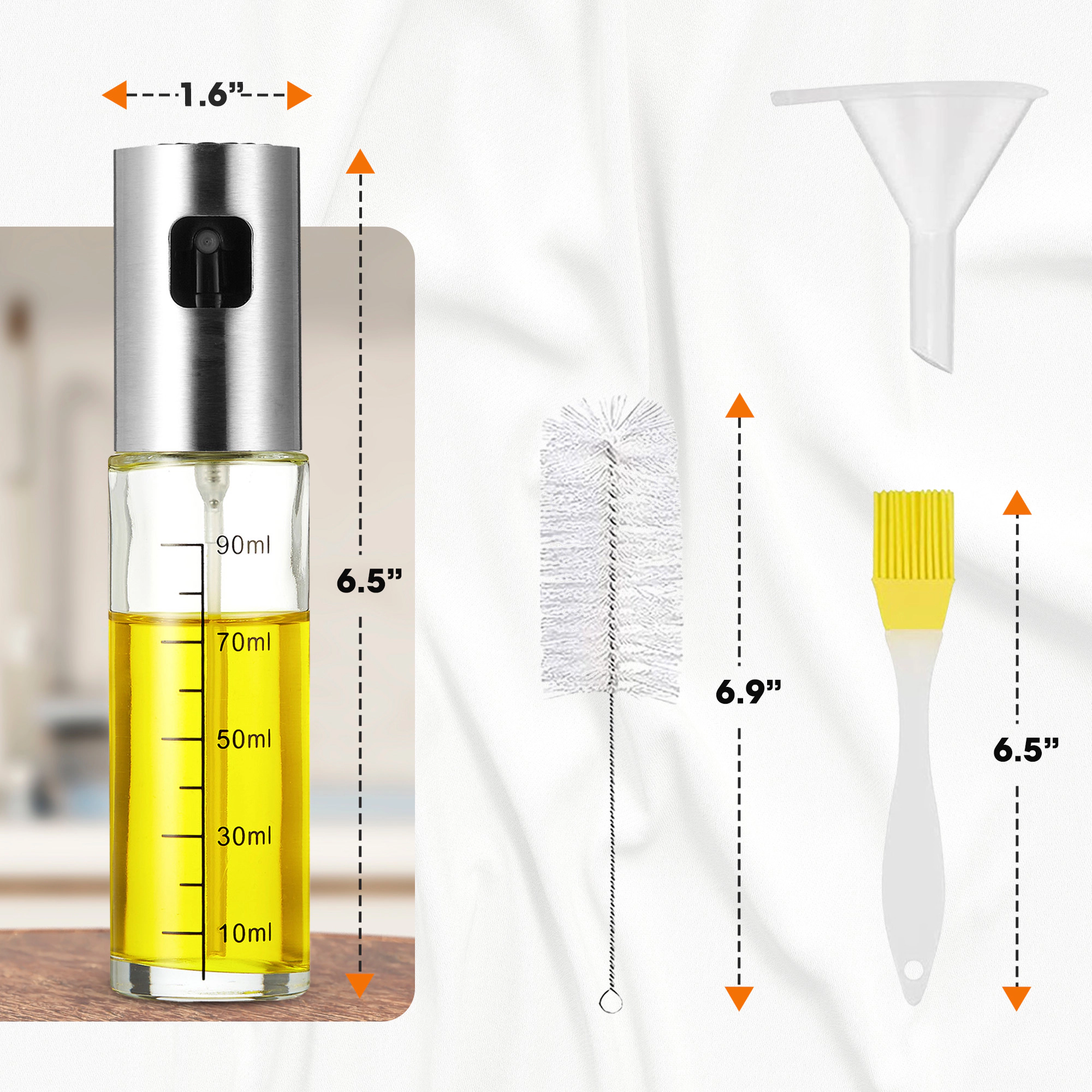 Cheer Collection 3.5 oz Glass Cooking Oil Sprayer 4-Piece Set with Funnel and Cleaning Brushes