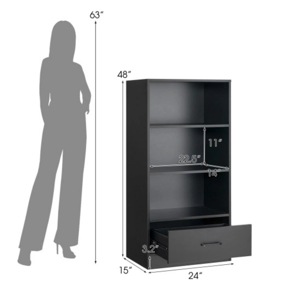 Hivvago 48 Inch Tall 4 Tiers Wood Bookcase with Drawer