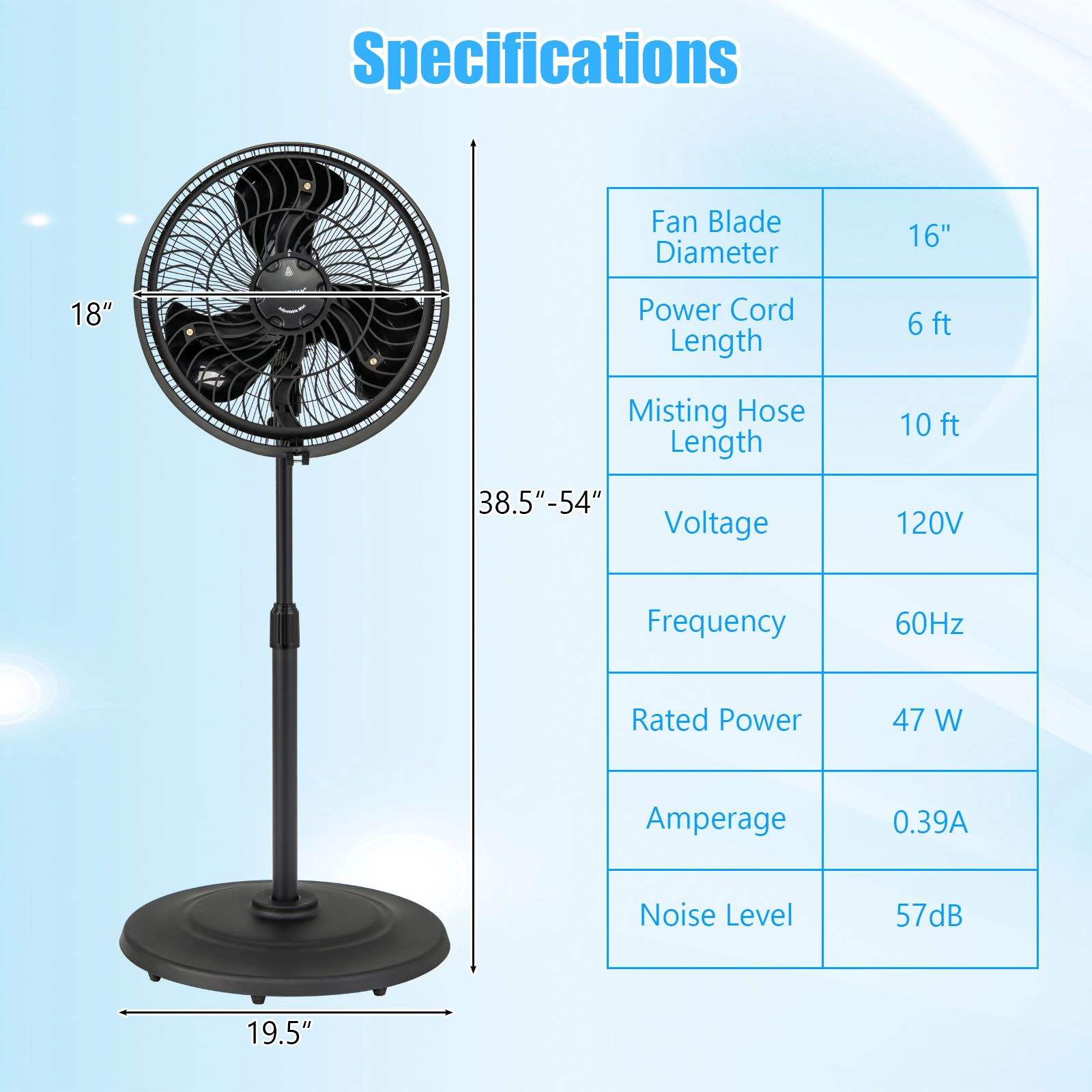 SlickBlue Adjustable Height Misting Fan with 3 Mist Levels and Wide Coverage