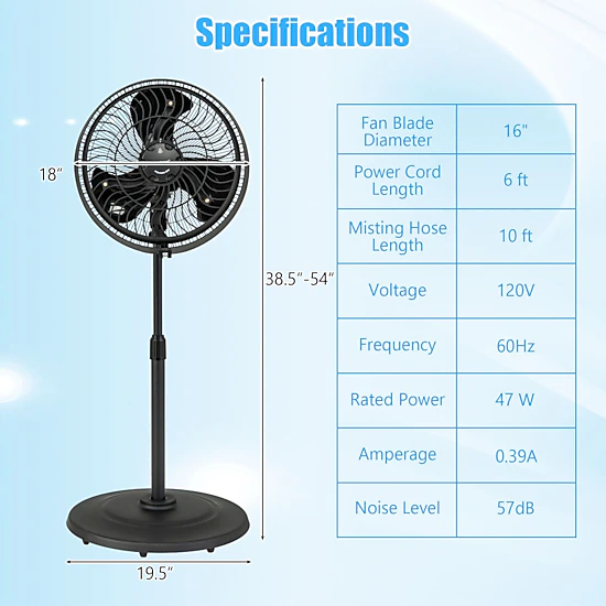 SlickBlue Adjustable Height Misting Fan with 3 Mist Levels and Wide Coverage