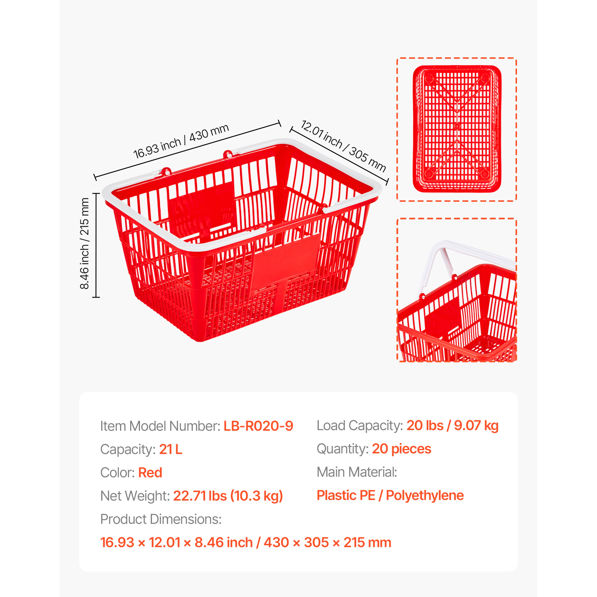 HONGGE Shopping Baskets, Stackable Grocery Baskets with Handles, Dense Mesh Structure, Portable for Grocery, Retail