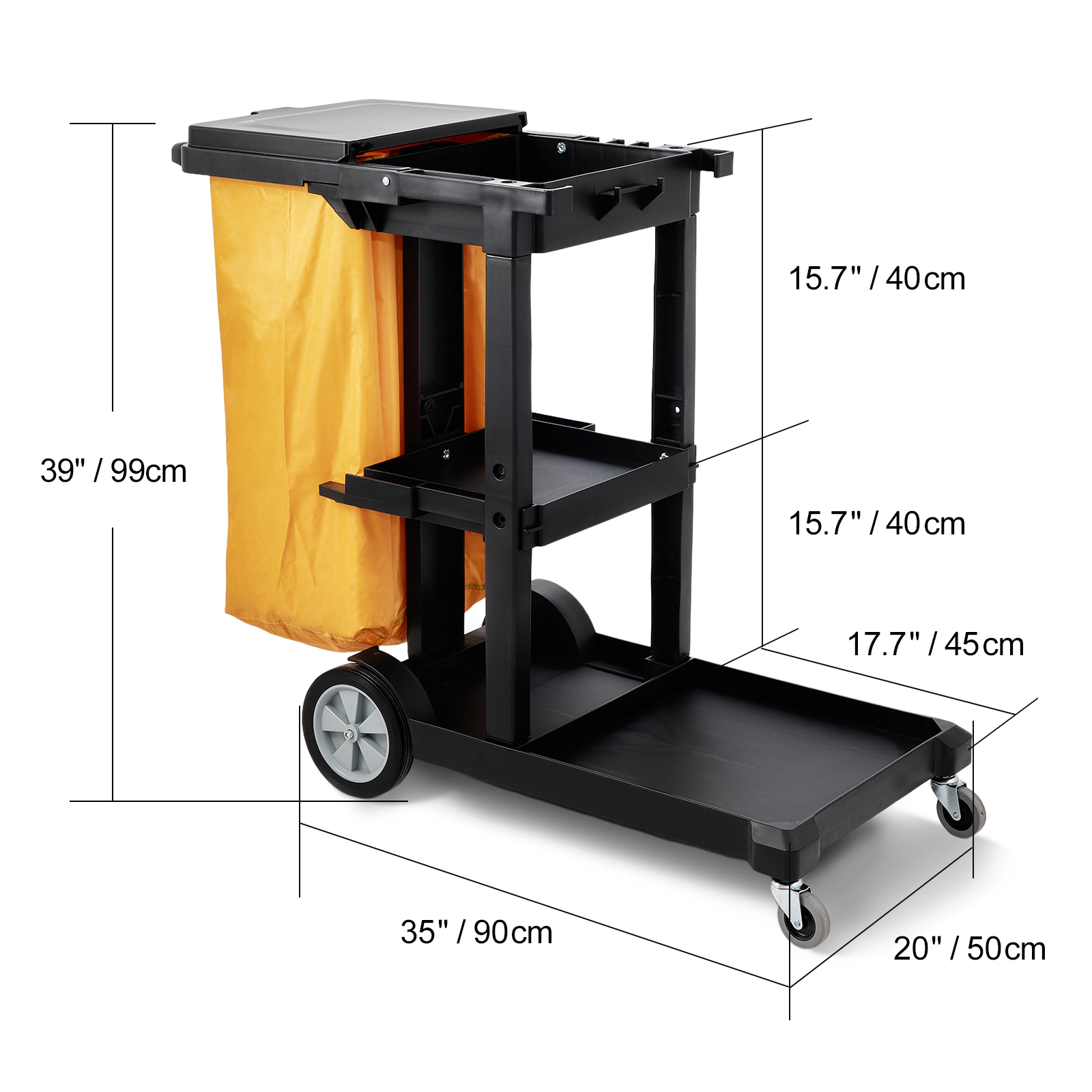 HONGGE 3-Shelf Commercial Cleaning Cart with Covered Trash Bag, 200 lbs Capacity, Rolling Janitorial Cart, Yellow