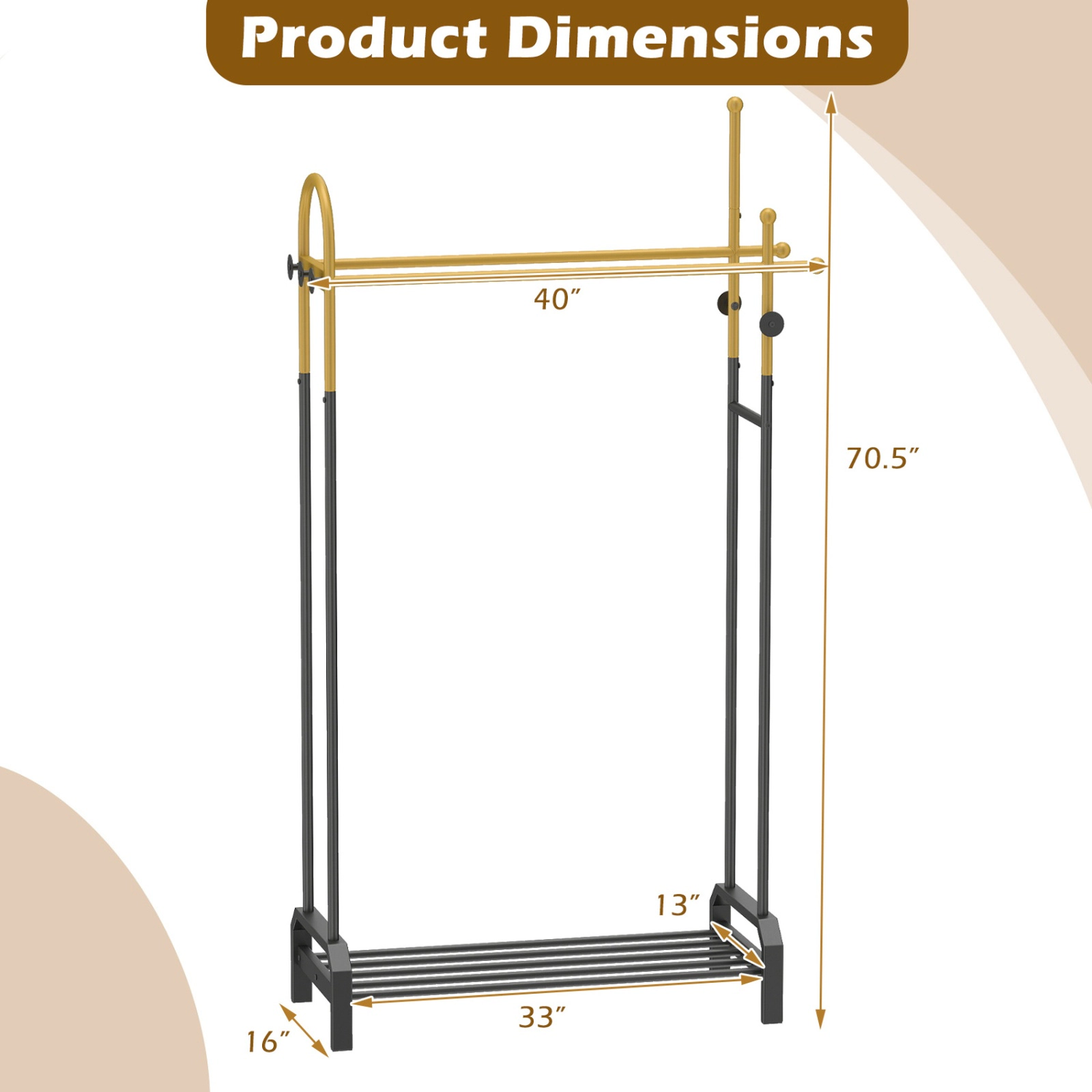 SUGIFT Double Rods Garment Rack with Side Hooks and Bottom Shelf 22-lb Rod Capacity 44-lb Shelf Capacity Gold and Black